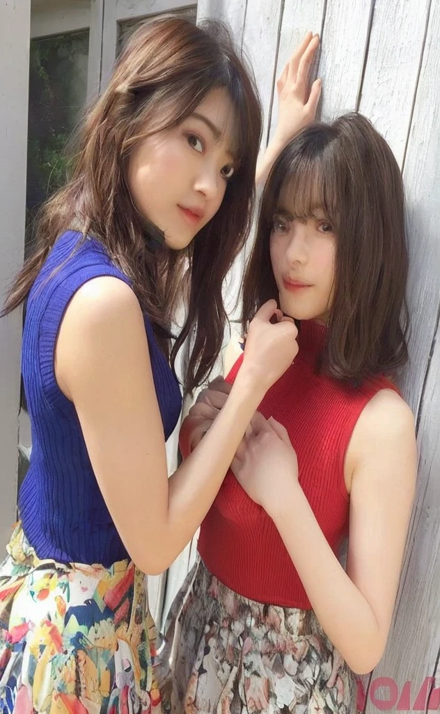 An ultra-high picture quality、Natural brightness、a beauty girl、Two girls kissing while sitting on bar stool cushions, Tank tops、straight haired、Small、Nipple stand、Hair swaying in the wind、NSFW、Show、Black pubic hair 、fullnude、inside a classroom