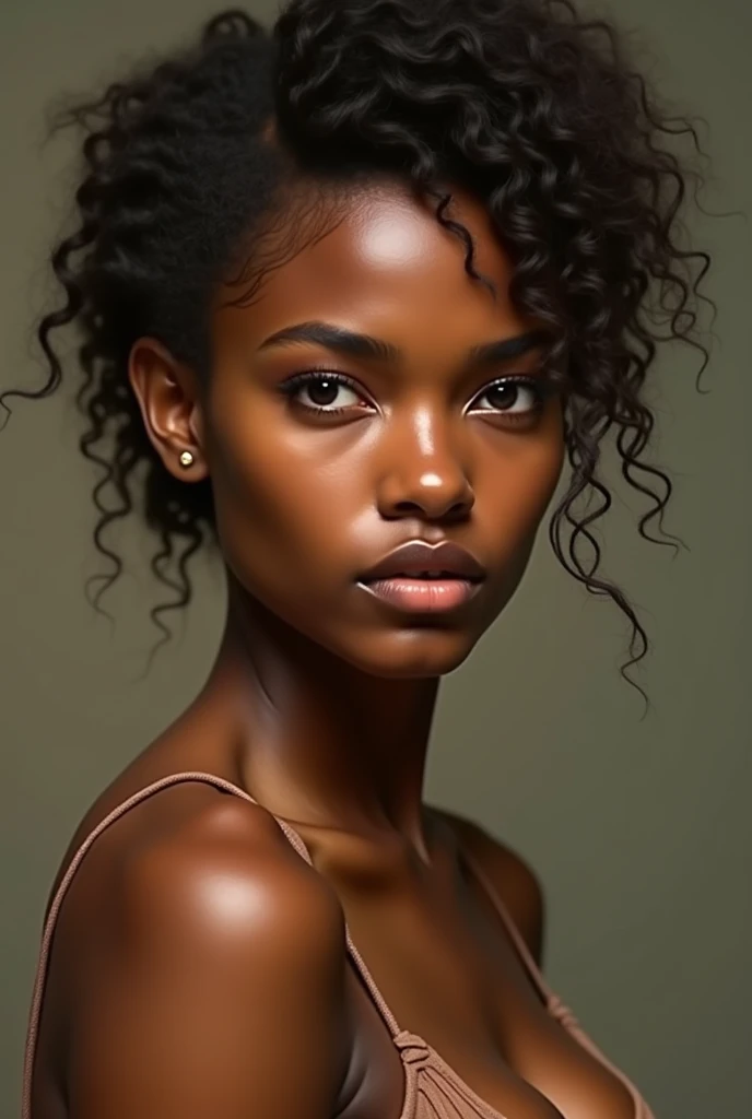 Create a picture of Mimme a beautiful African woman with a weak smile trying to hold back her tears