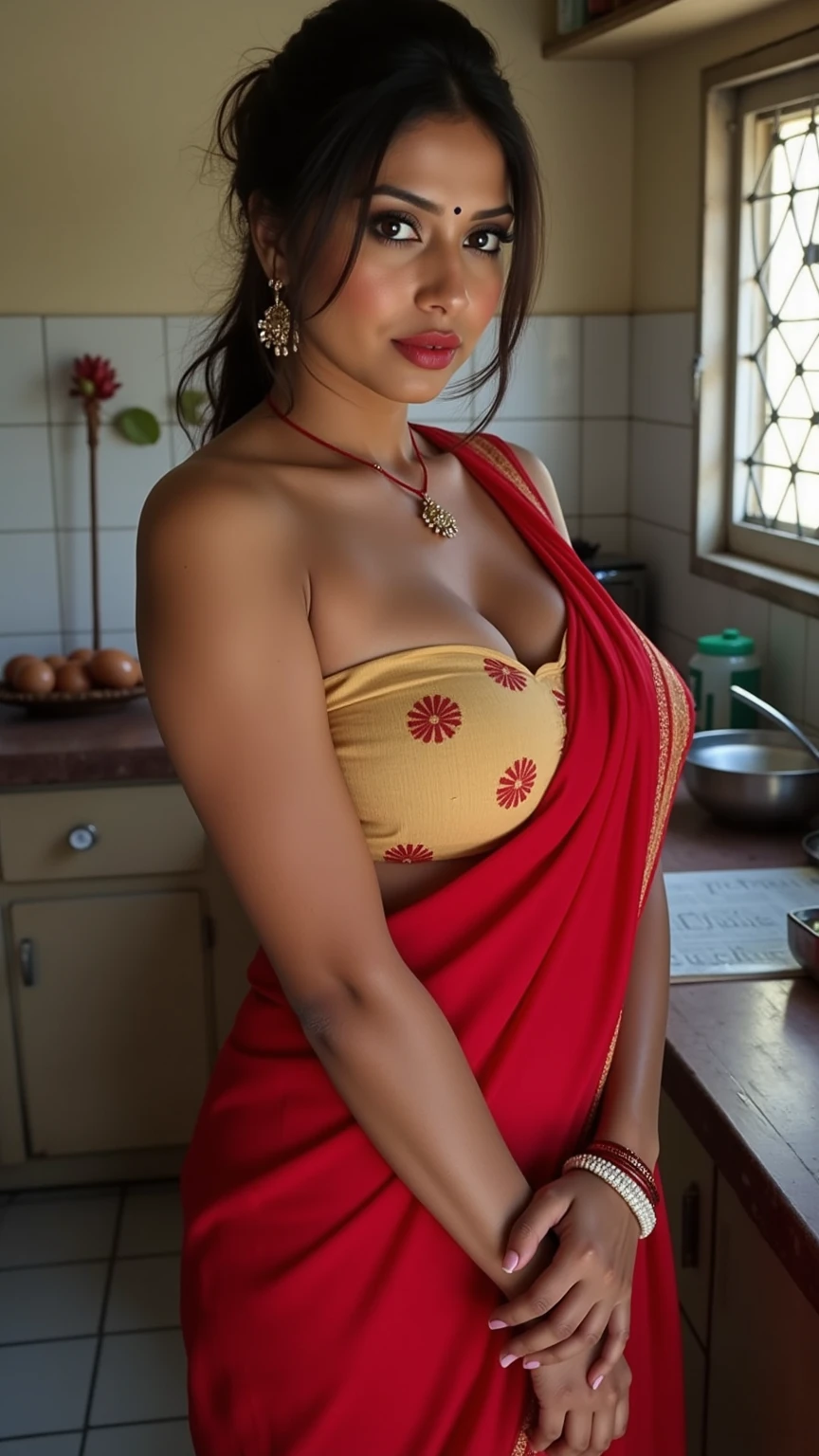 Full body, Beauty, posing for a picture, (((wearing a beautiful saree ))), (((leaning forward))),1 girl, a 25-year-old Indian woman, absolute beauty, long hair, sexy pose, erotic pose, looking at the camera, ultra-realistic, hyper-realistic, ultra-detailed, hyper-detailed, 35mm F/28, hyper-detailed full body shot of a woman, nice face, smiling, sexy body, drooping breasts, aesthetic body, rich colors, face focused, 8K, HD Crisp Upscale, realistic lying, RAW photography, best quality: 1.4, No dark background, Beautiful details eye, cleavage, thick thighs, wide hips, long hair, High-detailed, perfectly located eyes, perfect eyes, photographed on a Canon EOS R5, 50mm lens, F/2.8, HDR, (cinematic lighting), (dramatic lighting), (sharp focus), (intricate), fashion, realistic skin texture, (( perfect anatomy)), ((detailed face:1.2)), ((detailed facial features)), (finely detailed skin), masterpiece), (perfect proportion), (realistic photo), (best quality: 1.6), (detailed),cute smile,hands on own chest ,Saree,girl wearing indian saree,no_bra,Masterpiece,photorealistic,Realism((((indian girl))))
