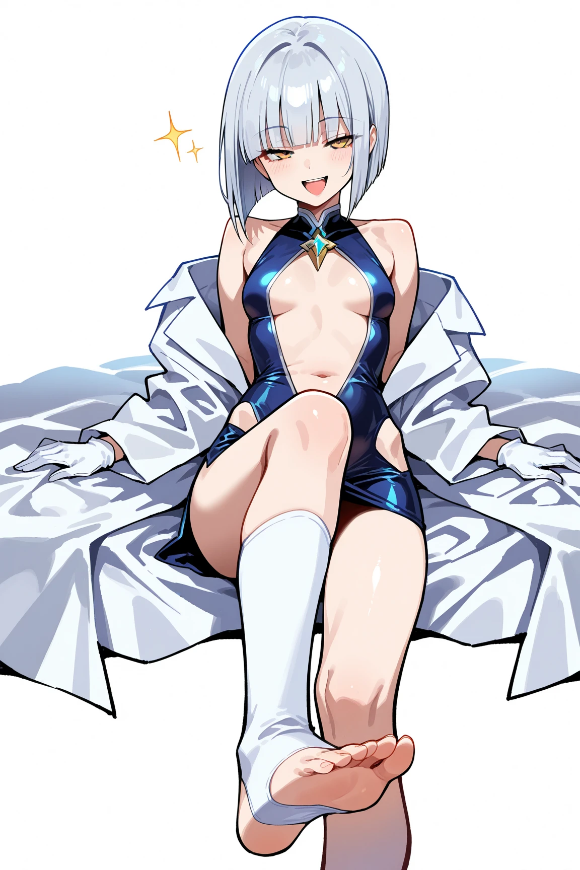 masterpiece,best quality,1girl, weiss schnee, solo, smile, seductive, full body, necklace, long sleeves, blue background, white jacket, earrings, blush, nude, nude pussy, nipples, spreading legs, scar on face, hair ornament, parted lips, cropped jacket