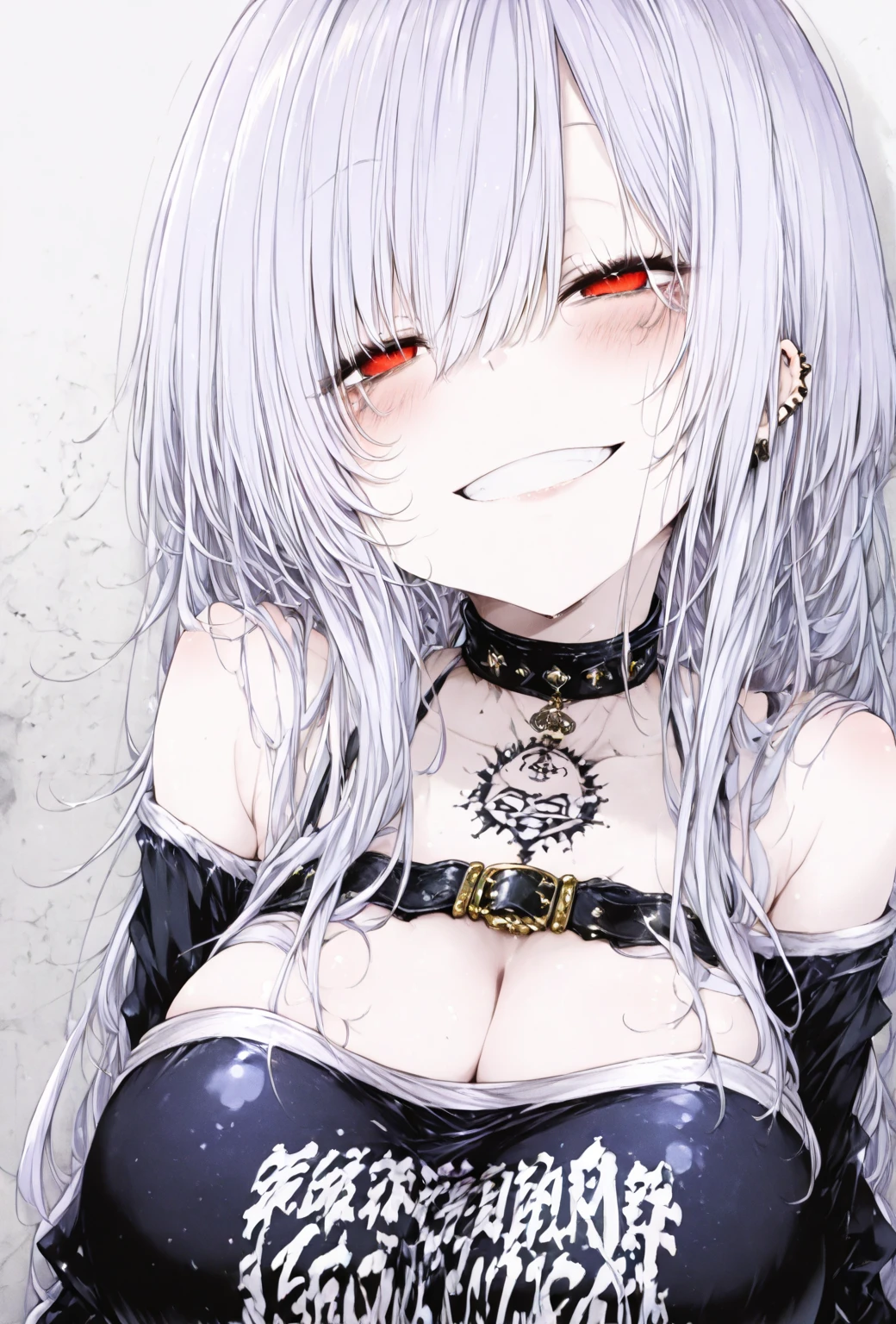 (masterpiece:1.2)、Highest quality、PIXIV、Rebellious girl、One girl、Open your mouth、鋭いteeth、teeth、Long Hair、Street background、gem、badge、ボタンbadge、Food、Bright red eyes、Earrings、Jacket、eyelash、Foodを下にして、Upper Body、Characters in clothes、zipper、collar、cable、chain、Stickers、hoodie、smile、Focus on the viewer、Chest in the center、Shoulder Bare、Belly button、Black and white hair color,leaning forward,Cyberpunk city,Night view,Black and white grey outfit,Overflowing drool、saliva、White Breath、Sigh