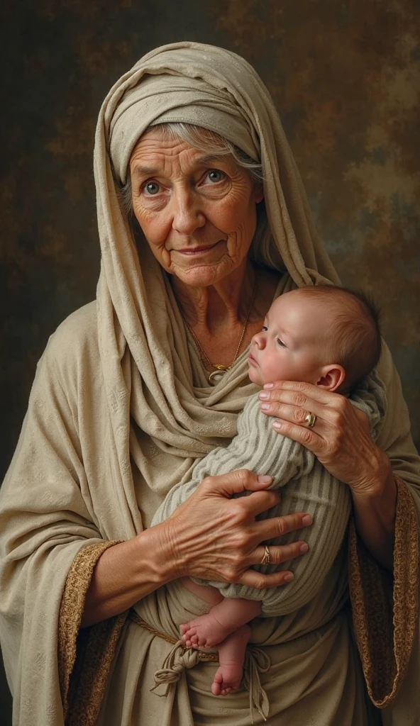 Realistic photo of woman with long white hair, from age to 45 years,wearing a dark blue and lilac long-sleeved flowing dress,wearing a headscarf covering her hair smiling next to a with brown hair sucking her thumb shyly