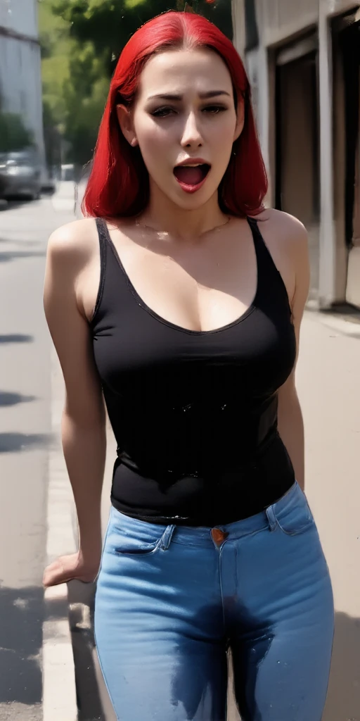 Hyper-realistic, highly detailed, Very cute female, bright red hair, green eyes, clothes black tank top, beautiful background. Pouty, 70mm lens, thick curvy slim body shape, small breasts. Pose