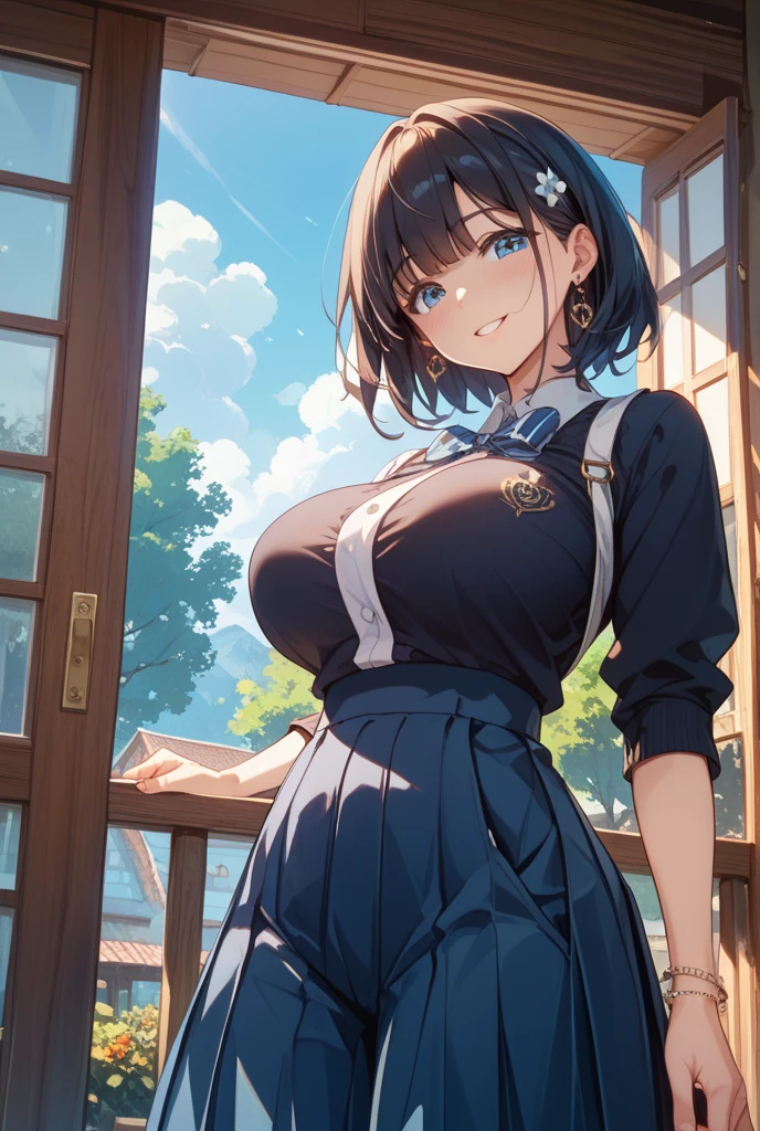 Main piece、high quality、High resolution、1 girl,single, Ruka Sarashina、jewelry、skirt、Maid uniform with bare chest、Japan maid café、black hairの女性、short hair、black hair、black pantyhose, blue eyes, long sleeve, Blue Hair Band, bangs, big breasts, cleavage, Medium waist, medium hips, wide thighs, Cowboy photos, smile, Charm, embarrassing, blush、large crowd of people, looking at the viewer,from below、high angle,とてもbig breasts、cleavage、No bra、No panties、No panties、非常に短いskirt、nipple、nippleを出す、Rubbing your own chest with both hands、Pose that emphasizes the chest、breast enhancement、1 girlと男の子1名, hetero, kiss, close your eyes, saliva, hug, blush, saliva trai、I feel it