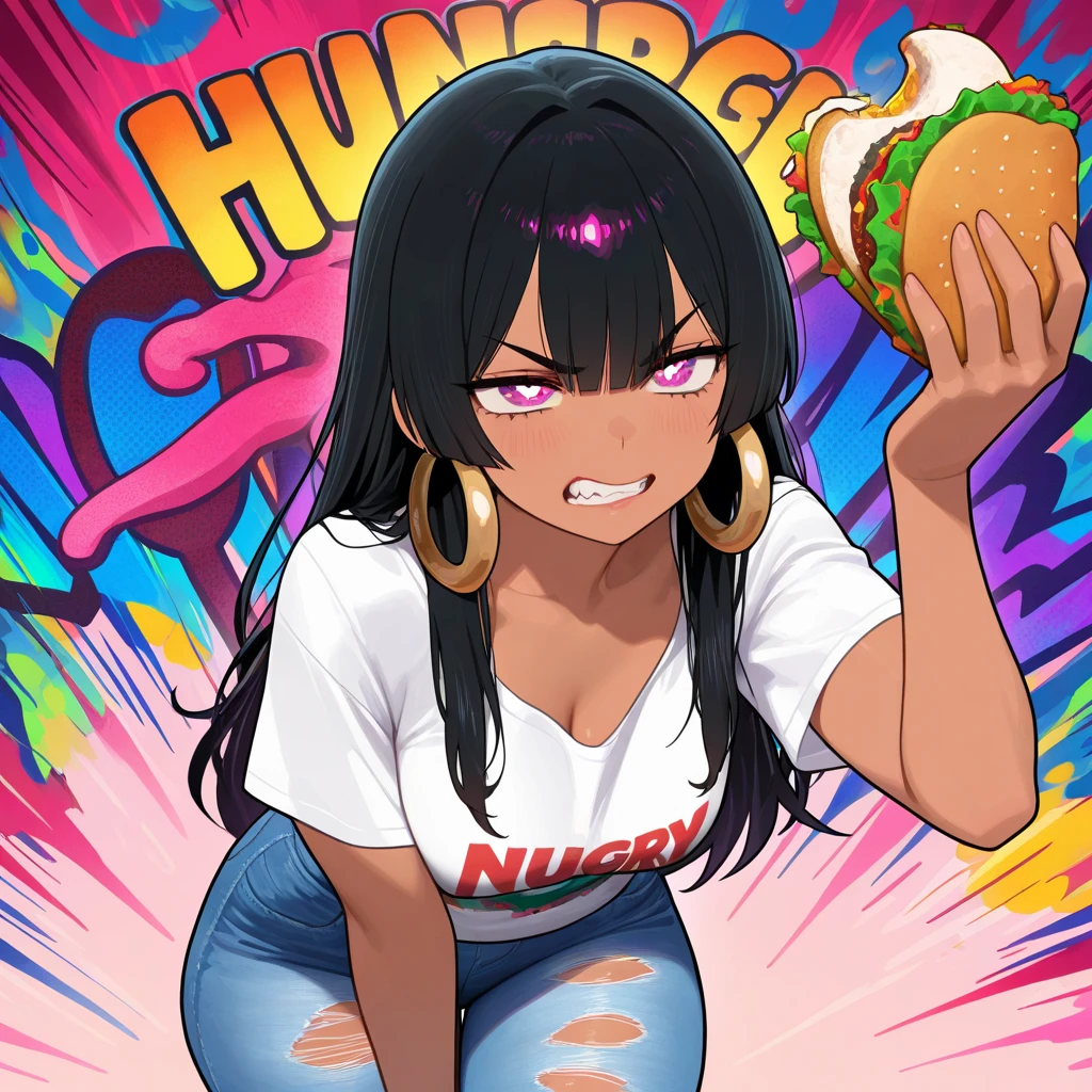 Big busty woman serving hot dogs in tank top