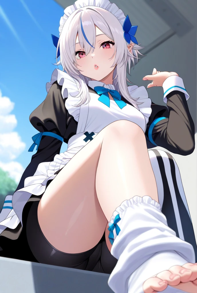 school gymnasium primary school girl
8 years by plan long white hair blue eyes white are ((1 person)) White Sailor Uniform Half Sleeve Top Navy blue underbody mini skirt((White panties are visible.)) black socks sneakers stand next to the wall Open your legs a little I can see white panties dynamic angle center of upper body