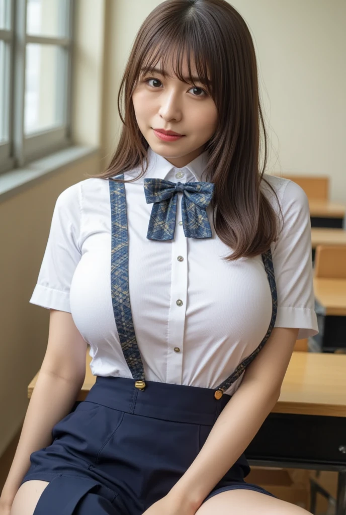 (Best quality,masterpiece,ultra detailed,8K,RAW photo,realistic,high resolution:1.2),(Pretty Japanese girl),(Super huge tits:1.4),(light brown hair),(school uniform,white collared shirt,pleated skirt:1.4),(voluptuous:1.4),(shoulder length),(light smile),(chubby:1.4),(unbutton:1.4)