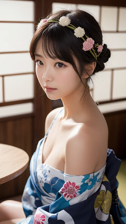 masterpiece, highest quality, (Beautiful woman:1.3), (24-years-old:1.3), Very fine grain definition, (Symmetrical eyes:1.3), (Upper Body:1.2),  (Hemp leaf pattern yukata:1.3), Brown eyes, Parted bangs, Brown Hair, Delicate girl, (Eye and facial details:1.0), (RAW Photos, Professional Lighting, Film Grain, chromatic aberration)、(cleavage、double bun、strap slip 、embarrassed、sad smile)、On the futon in a Japanese inn、Beautiful clavicle、Selfie with hands up