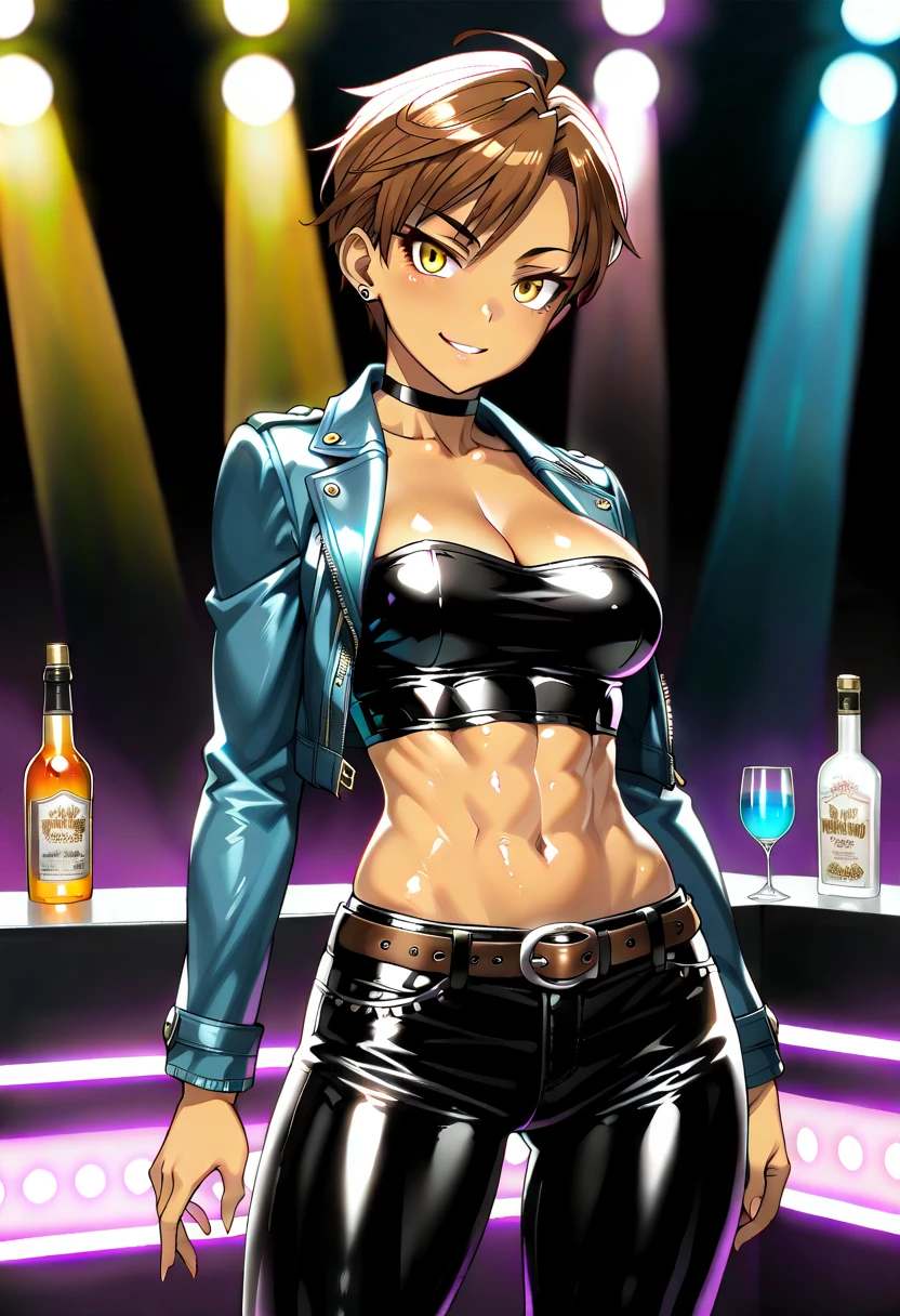 ((best quality)),((highly detailed)),masterpiece,absurdres,detailed face,beautiful face,(detailed eyes, deep eyes),(1girl),((dynamic pose)), 1girl, solo, 26 years old, tomboy, (shiny skin), (midriff:1.2), (tan-bronze skin), (Yellow eyes), short brown hair, medium breasts, (Cleavage), (Wearing: blue jacket, choker, Strapless black top, Belt, Black shiny leather pants), tight fitting clothing, piercings, toned, hourglass figure, athletic, snarky expression, wide smile, (agile physique:1.1), (Character Focus),Perfect Anatomy, Looking at Viewer, indoors, at a rave, nightclub background,