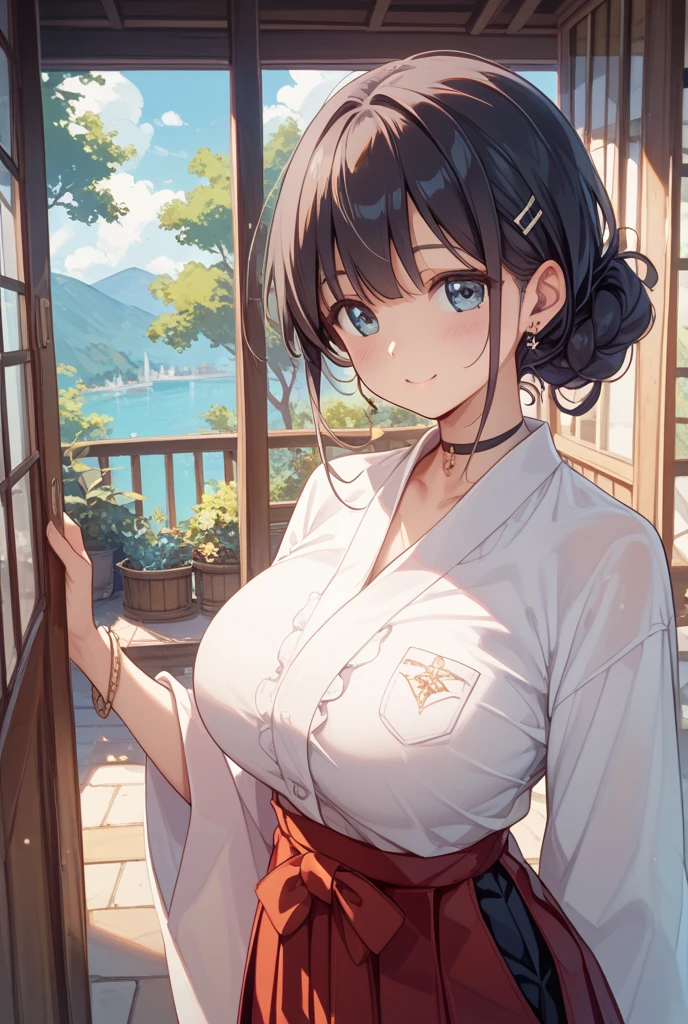 Anime girl in a kimono sitting on the stairs with fireworks in the background、(Tabletop:1.3), High resolution, Ultra-detailed, Highly detailed CG Unity 8k wallpaper, Realistic, Photorealistic, RAW Photos, Beautifully detailed face, Pale skin, Realistic glitter skin, Detailed cloth texture, Detailed hair texture, Perfect body, Beautiful Face, Acura, Anatomically correct, Highly detailed face and skin texture, Natural neck length, (Beautiful Hands), (Fair skin:1.2), Thin legs, Thin legs, (Teeth are neatly arranged:1.1), Sweaty skin, break, Fine grain, Symmetrical eyes, Light brown eyes, double eyelid, Thin eyebrows, (Glossy Lips:1.4), ((Cute smile:1.2)), (blush:1.1), (Glowing little hair ornament:1.1), break, (Elegant girl:1.3), (wear (Navy blue yukata:1.2) There is a white floral pattern), break, Large Breasts, Slim figure, Toned Abs, ((Updo, Dark gold hair, Wavy Hair, Long Hair, Asymmetrical bangs:1.2)), (Close-up shot:1.2), (A sideways glance at the audience:1.1), From next to me, break, ((Sit on the stairs,Gently lift your chin in Odaiba:1.2)), ((Huge colorful fireworks bloom in the night sky:1.2)),