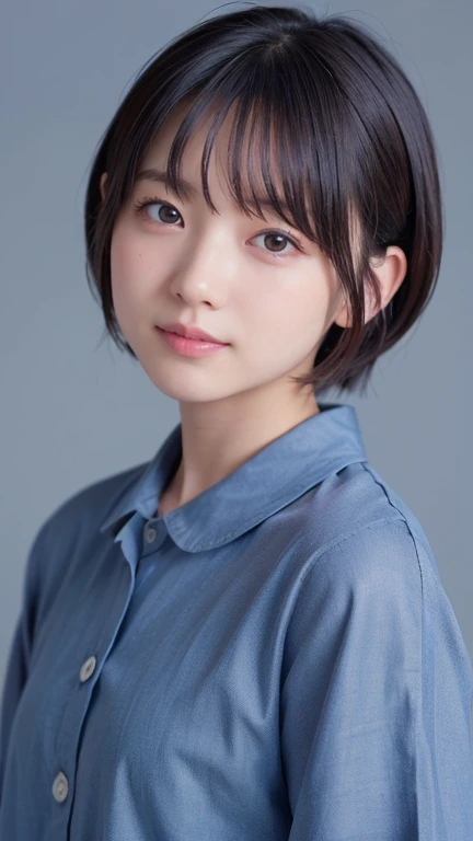 1 very cute girl、12 years old、short hair、Gray Hair、Moisturizes hair、reduce hair volume、Blue background、Upper Body、(head shot:1.5)、Eyes focus、Collared shirt、Laughter、、(8K、RAW Photos、Highest quality、masterpiece:1.2)、(Realistic、Realistic:1.3)、Hmph、The depth of the written world、Wide Light、High Contrast、(Shine:1.4)、chromatic aberration、Sharp focus、Raw color photography、Cinema Lighting、8K resolution、
