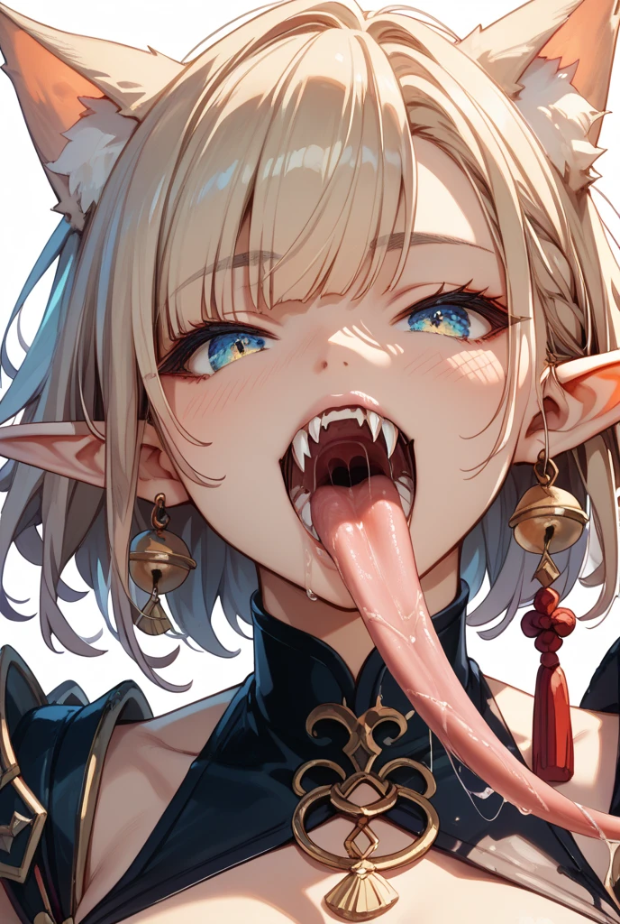 short hair,silver hair,blue eyes,elf,black bodysuit tongue out,blush,throat,half closed eyes
