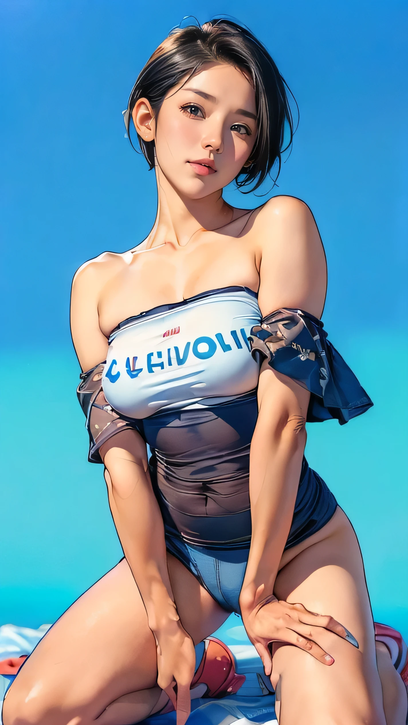 Magazine cover of purah, sexy pose, big breasts, smile, blue striped bikini, glasses