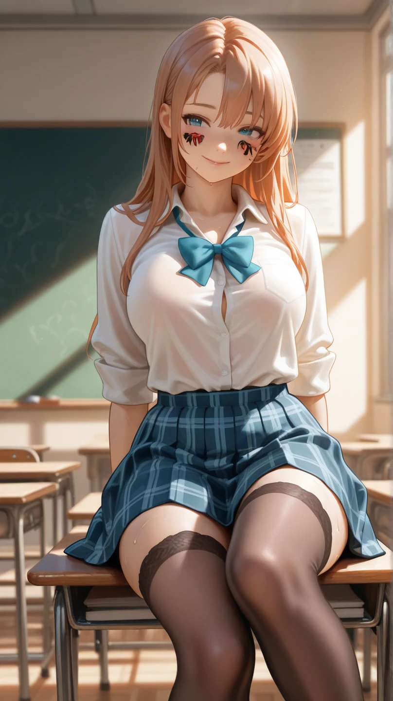 At school, classroom, high school student, , beautiful, medium breasts, wide hips, small waist, shapely legs, perfect thighs, would be, blushing, angry, , mini skirt with plaid, blouse, thigh high stockings, stockings held up by garters, sitting, chair, crossing her legs, blouse unbuttoned completely open revealing the bra, holding the skirt with her hands lifting it above her thighs,