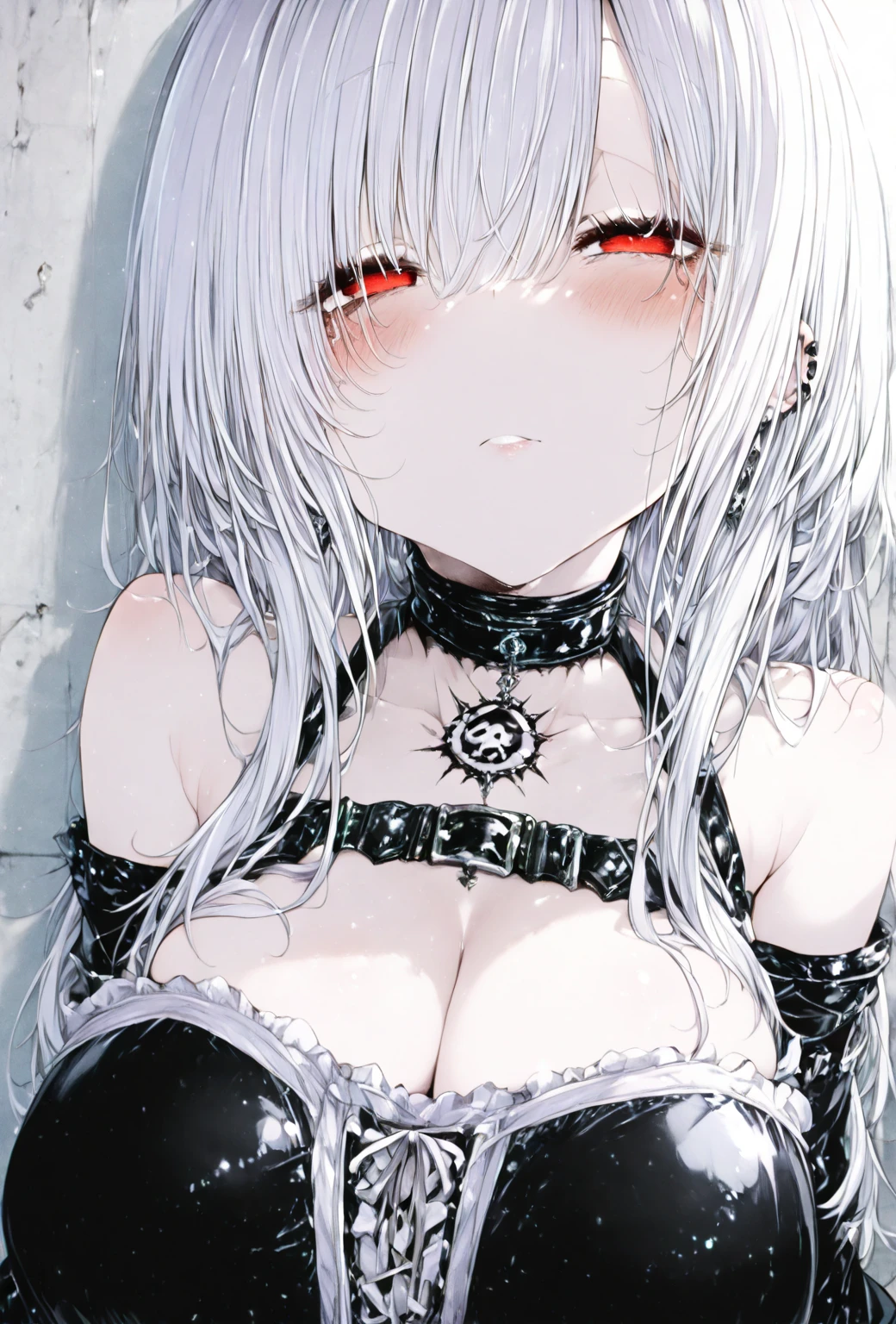 Long gray hair,blood red eyes,Necklace with cross,Wearing a black and white goth bikini,beach