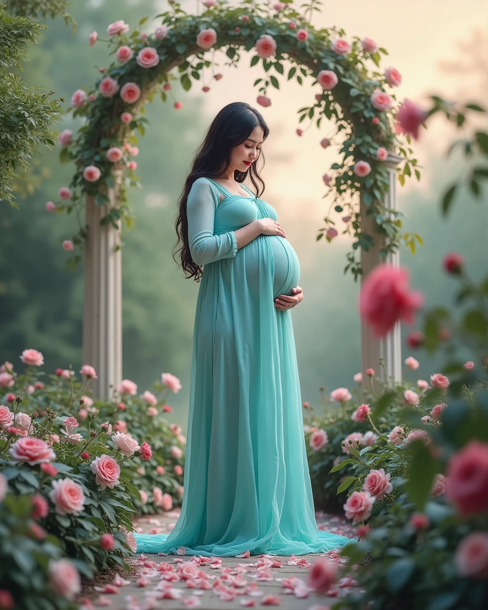 outdoor photography , high detailed , 4k , cinematic light , ultra high quality , pregnant woman in a gray dress posing for a photo, full body photoshoot, beautiful full body shot , marble paper dress , colorful dress , garden full of flowers on background , bokeh