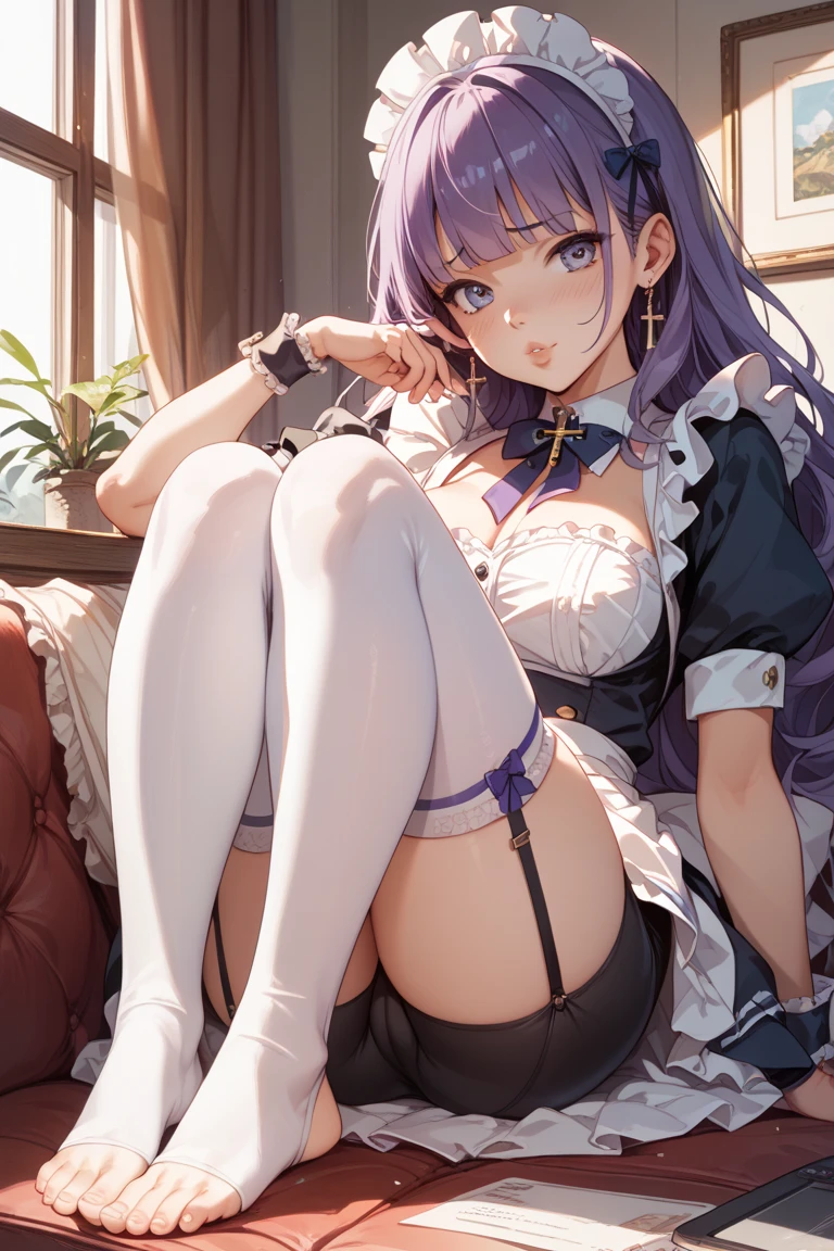 masterpiece, best quality, nsfw,
1girl, view from below,
lift up the skirt, maid clothes, white panties, white garter belt, purple hair, embarrassed face,
(wet body:1.2), bedroom, night,