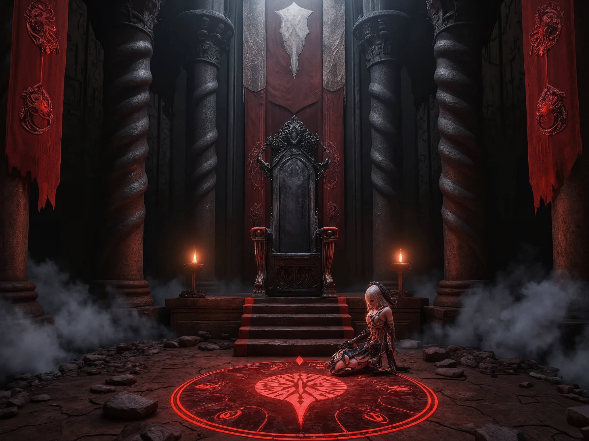 A dark fantasy world setting, depicting the final level of an ancient, otherworldly tower — the ultimate boss room. The vast chamber is cathedral-like and cavernous, dimly lit by flickering arcane torches mounted on obsidian-black walls etched with glowing red runes. Massive twisted pillars rise into the shadows above, disappearing into darkness. At the center of the room, an ominous, elevated black stone throne sits alone on a glowing crimson sigil — carved with intricate demonic symbols and arcane glyphs pulsing with low, ember-like energy.
The throne is empty, yet the atmosphere feels heavy with ancient power, as if the true master is about to arrive. Beside the throne kneels a deactivated, battle-worn robotic maid — humanoid in form, elegantly armored in gothic detailing, her head bowed low in eternal loyalty. Her mechanical limbs are folded neatly, and faint wisps of energy trail from exposed wires and her cracked eye lens. Despite being shut down, her presence is reverent and tragic — the last remnant of forgotten royalty.
The environment is saturated with mood: cold mist curls along the floor, blood-red magic crystals hover gently in the air, and faded banners hang torn from above. Small remnants of past challengers — broken weapons, shattered armor — lie scattered in shadows near the walls. The entire scene radiates a haunting beauty and apocalyptic solemnity. Rendered in ultra-detailed anime/dark fantasy style, 8K resolution, cinematic lighting, high contrast with glowing accents, deep shadows, atmospheric fog, and dramatic depth of field. Inspired by Dark Souls, NieR: Automata, and Made in Abyss aesthetics