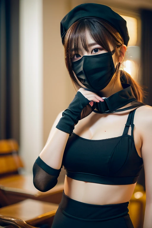 (8K, 超A high resolution, Best Quality, masutepiece:1.2)、8K、RAW portrait of japanese girl、Photorealsitic、超A high resolution、top-quality、 (爆乳、huge-breasted:1.7)、((Black High Leg Monokini、Small area:1.8))、((black masks:1.6))、(Bend your knees wide、open the legs widely、squatt:1.8)、(On stage with the audience:1.4) BREAK (Natural Skin Texture、Detailed skin、Hyper-Realism、ultra sharpness)、intricate detailes、depth of fields、Japan idol system、Blonde short bob、Toned body、Gal、Turn your hands above your head、Show beautiful armpits、big eye、bangss、Eye lashes、Bewitching look、(Get down on both knees:1.3)、facing front