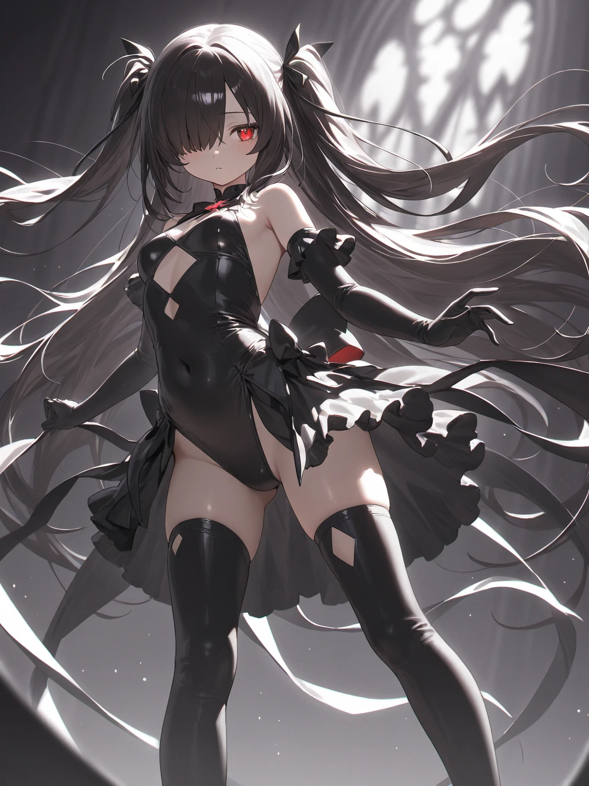 Wearing black stiletto thigh boots,(black long gloves),outdoor background,Short black leather skirt,leg rings,blue pupils,shy expression,黑色leg rings,sleeveless long shirt,Off the shoulders,(Extremely detailed CG unified 8k wallpaper),(masterpiece), (best quality), (Super detailed), (Best Illustration),(best shadow), (Sharp eyeliner, eye shadow, delicate eyes:1.1),, IWS2000,