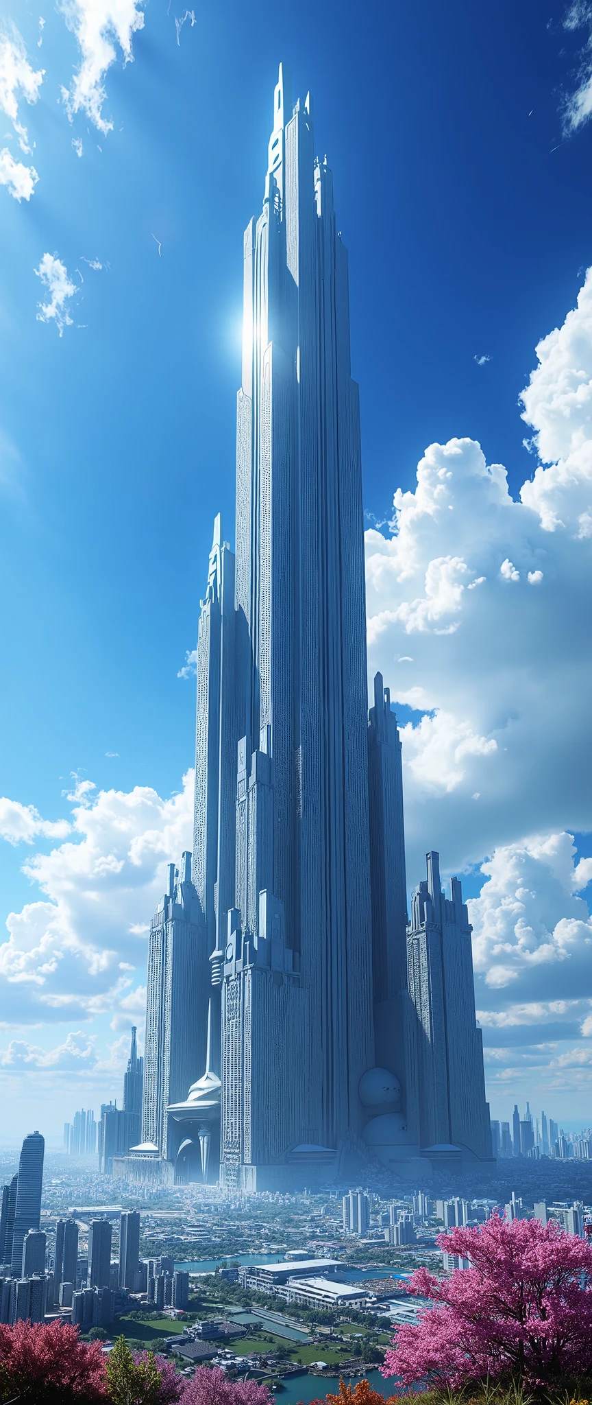 (Highest image quality:1.5),(A huge skyscraper like a mountain that can reach to space),a skyscraper bigger than a mountain. Fuji山よりも高く空に届く超高層ビル. Fuji,(height10kilometer skyscraper:1.5),(orbital elevator:1.5),(A huge building like an iceberg:1.5),(Supermassive structures made of carbon nanotubes:1.5),