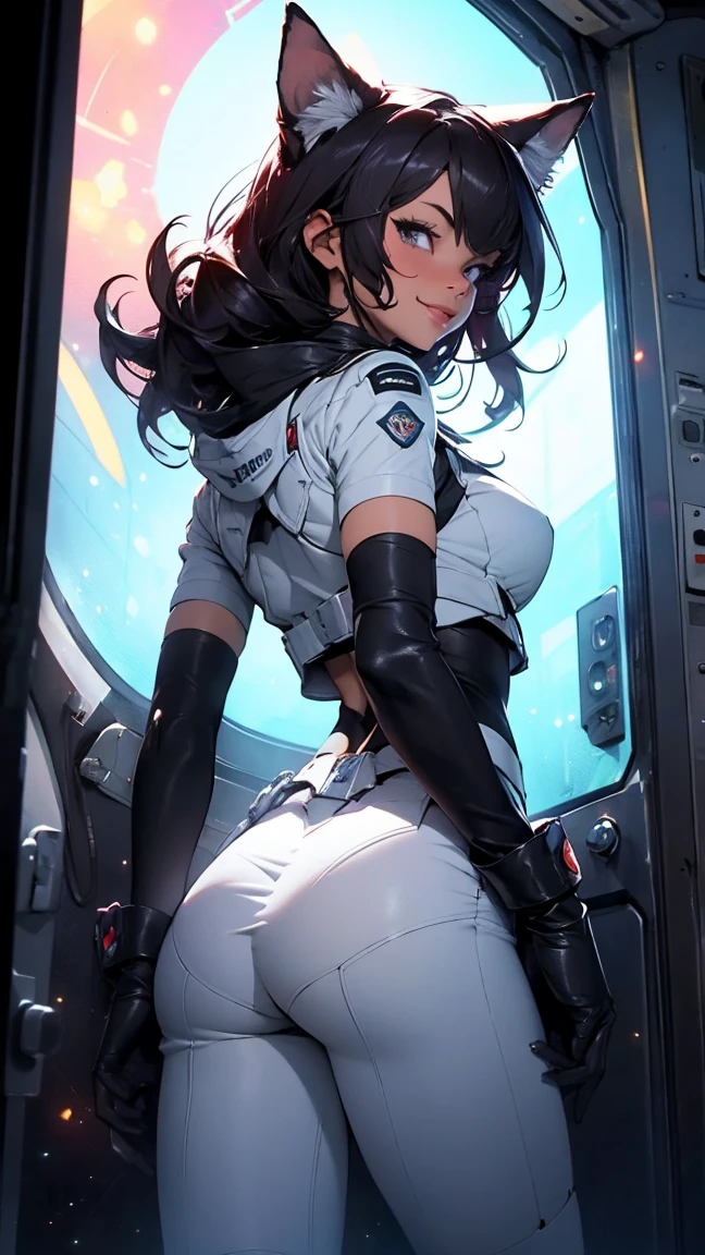 ((no exhibitionism):1.5), ass, backpose, big ass, leaning forward, looking at the camera, upskirt, view down, detailed full body of female mandalorian, bikini, (bare ass), masterpiece, best quality, action pose, space background, , sexy, seductive, --air 5:4 -imagine -