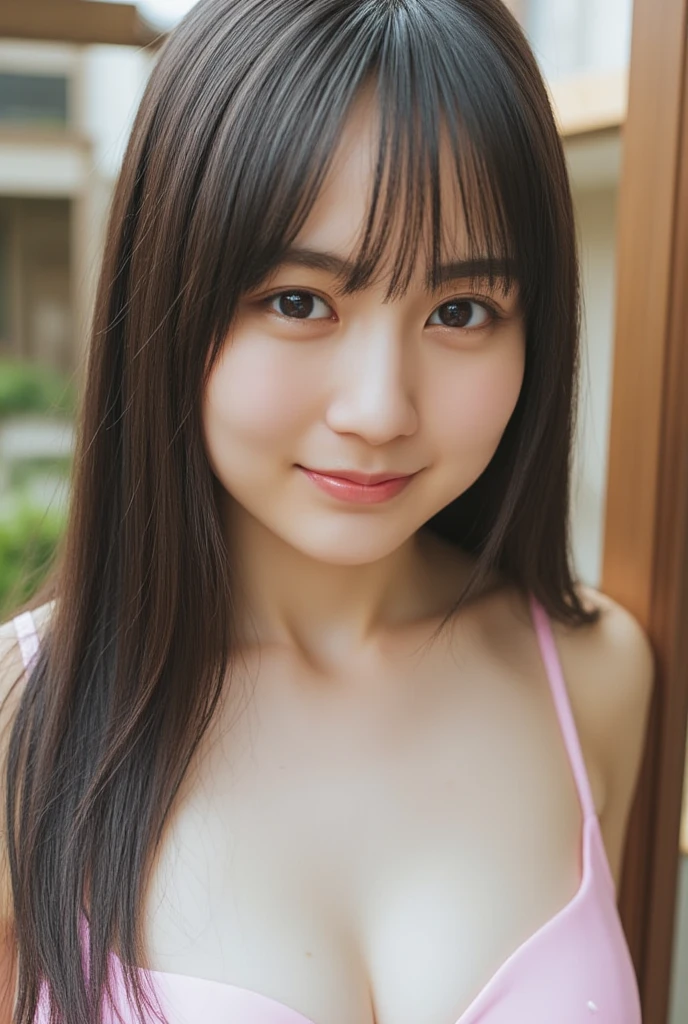 masterpiece,best quality,(Japanese girl),((Beautiful girl)),cleavage,indoor,(perfect body beauty:1.2),(shy smile),beautiful teeth,