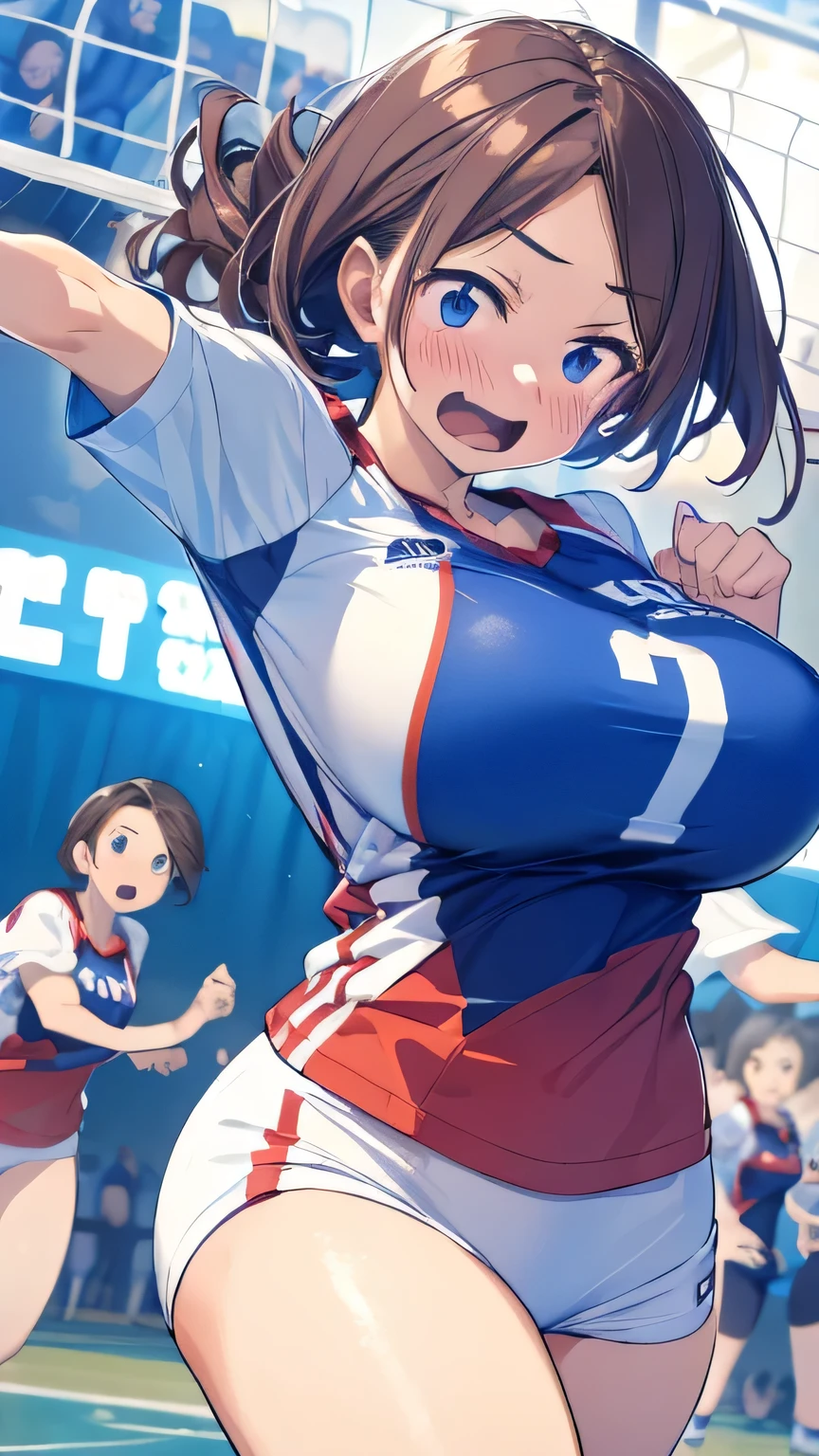 volleyball player, volleyball uniform, bouncing big chest, action, athletic