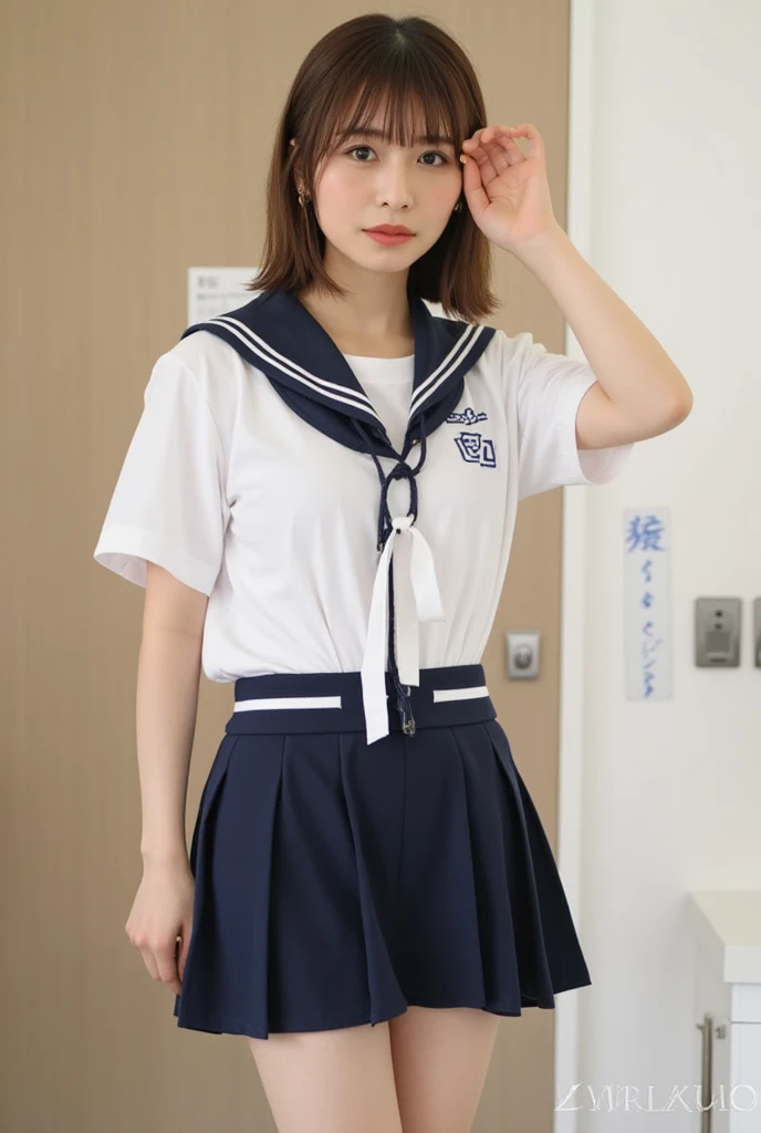 8k、Realistic、Detailed face、Mouth details、Detailed eyes、Photographed from the front、big full breasted tights、Dark Blue Skirt、Bobcut、Thighs Thighs Thighs Thighs、14 years old、Spread your legs and show your white panties、Sit on the ground