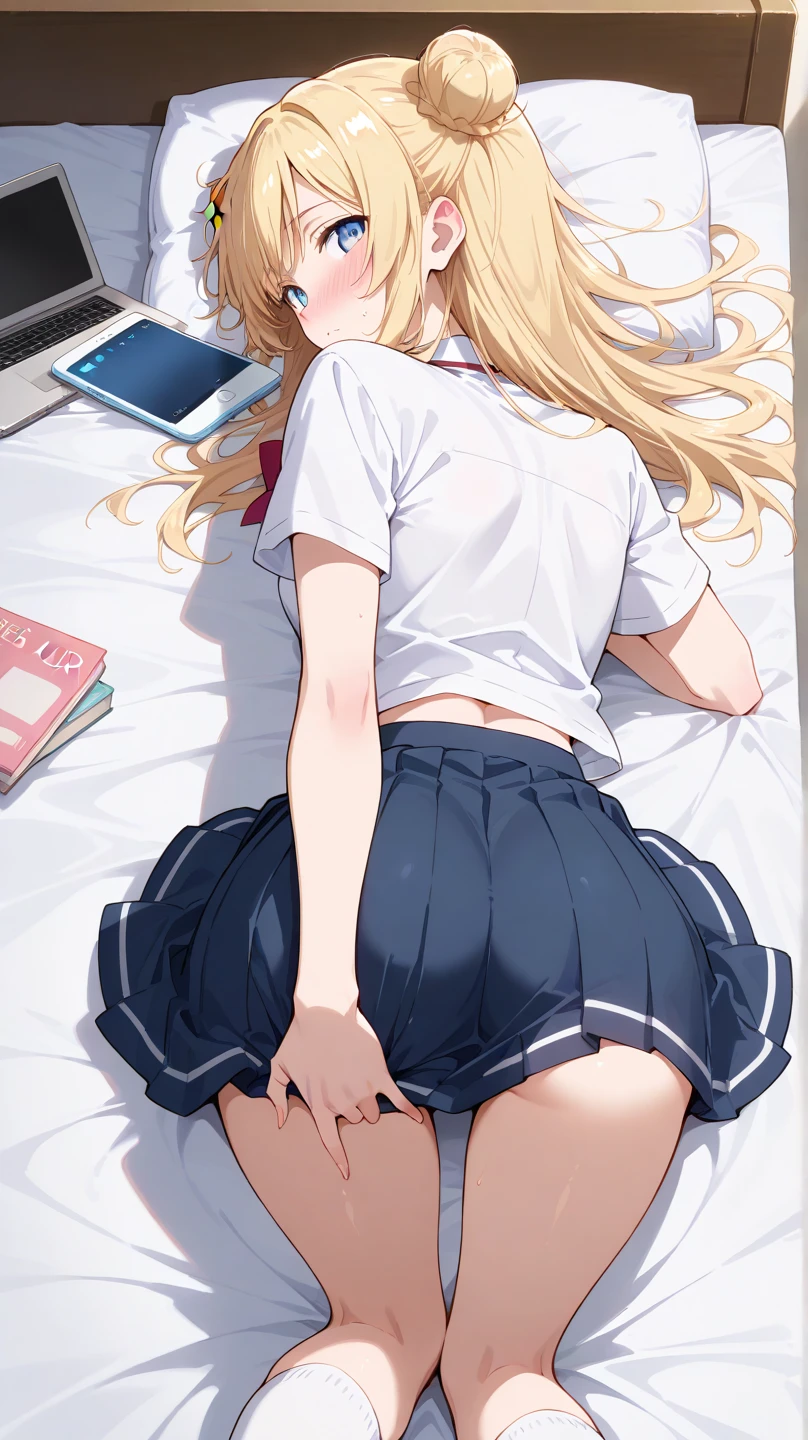 An 18-year-old girl, angelic looking, blonde, skirt revealing her panties, is in her room And it's night , lying on the bed, with energy drinks by her side, notebook on the bed with programming codes, ultra HD image, perfect strokes, high details and quality