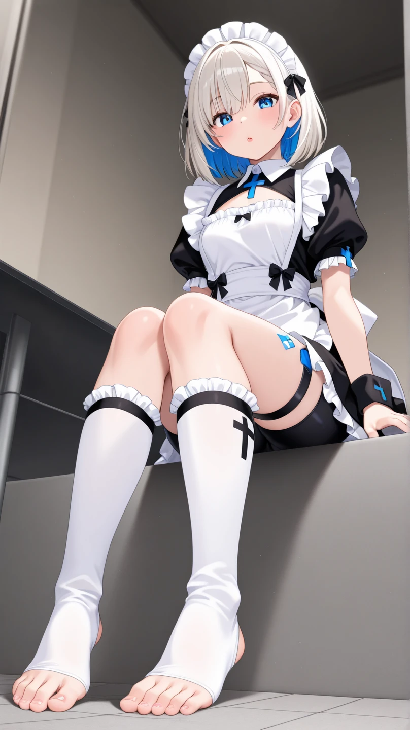 1 Girl,Kagura Mia ,white hair,Heterochromia,Half closed eyes,(Giddenmei 1.5),short sleeve dress,Shawl coat,military uniform,Puff sleeves,Cloth bag,Gloves,White pantyhose,braid,Sitting on the bed,Lift your feet,Show socks soles，2legs,Legs Focus,From below，Condoms on the bed，Popsicles on feet，Containing condoms，Condoms in the mouth，Left eye yellow，The right eye is blue，