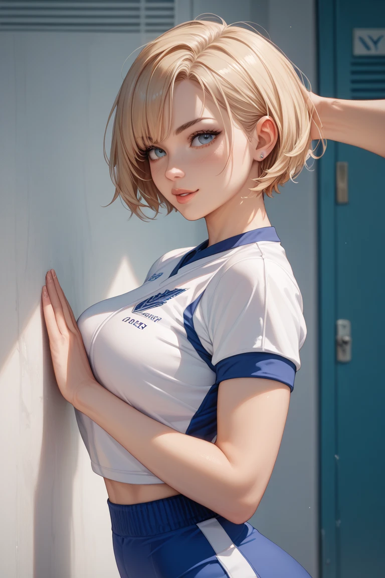 a beautiful cute girl, short blonde hair in a pixie cut , wearing a white croptop, studded ears, lip bite, freckles, blushing, (underboob), no bra, bare midriff, black boyshorts, posing on a soccer field with a stadium in the background, (best quality,4k,8k,highres,masterpiece:1.2),