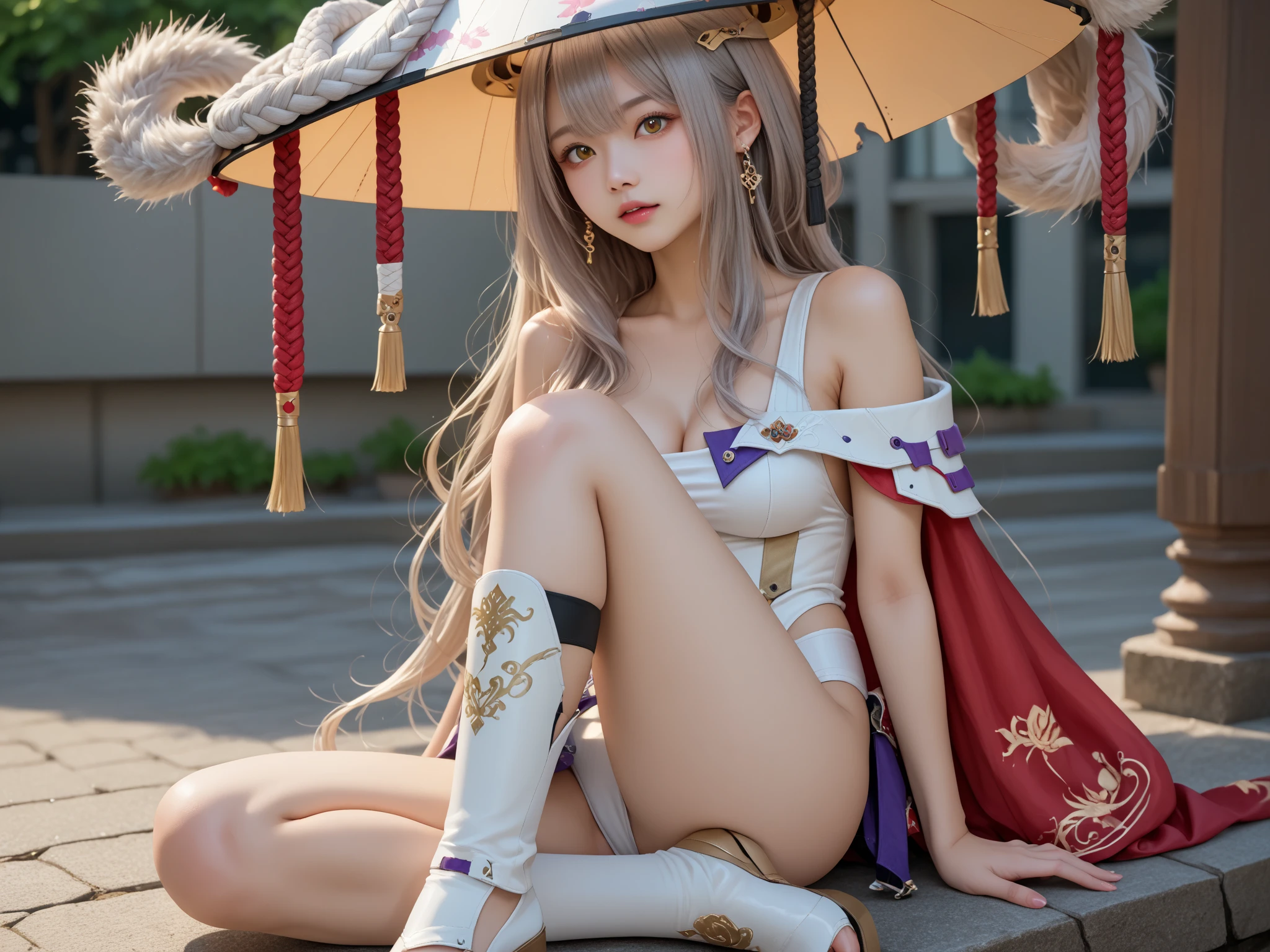 Japanese Shrines、Shrine maiden、Small breasts、White underwear、White Hair、Long Hair、Shrine maidenの髪飾り、17 years old、woman、whole body、Evil Smiley Face, Red eyes, Iris, Pupil orange