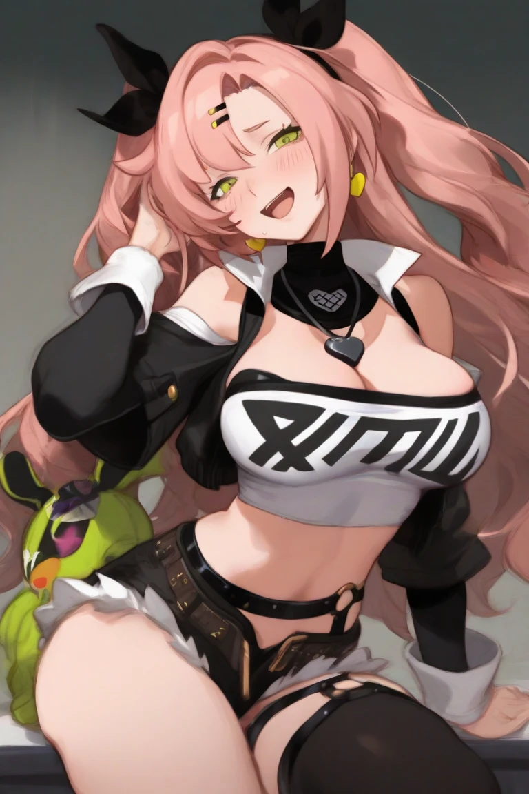 Extremely detailed and realistic CG, colorful, masterpiece, (Perfect Anatomy:1.3), Highest quality, One girl, alone, Imperial Redhead, Shiny Hair, Ridiculously long hair, Sideburns, Asymmetrical bangs, Red eyes, Shining Eyes, (Crazy Smile:1.2), (Wicked Smile:1.2), Sadistic smile, Grin, thin脚, Contrasting, Are standing, Tube top, Strapless, Shorts, Open your mouth, , abdomen, belly button, Black jacket, Black military cap, Sticking out tongue, (Long Tongue:1.4), put your hand on the hat, Claw Pose, Stylish pose, Spotlight, Thigh straps, Fancy earrings, (tooth:1.2), Black elbow gloves, Movie angle, View your viewers, From above, Open Stance, latex, tight, thin,flat chest,twintail,thighhigh boots,dark purple background,deep shaded face,