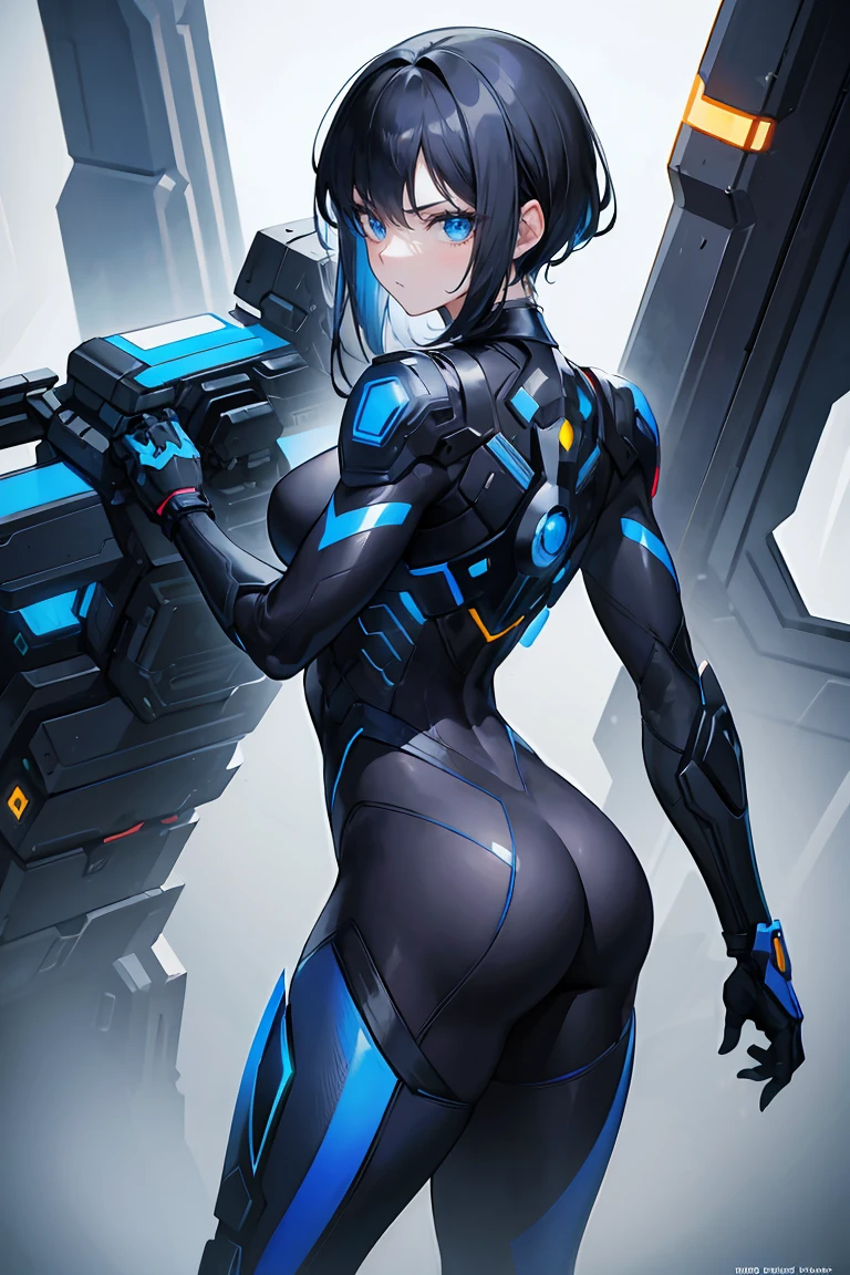 ((Best Quality)), (Masterpiece)), (High Definition:1.3), 3D,Shitsumeka, Beautiful cyberpunk woman with mech in the ruins of abandoned war city,backview,turn around,sexy,cool,night,dark city,broken glass,black hair,short hair,mesh hair,detailed eyes,blue eyes,beautiful eyes,ancient technology,HDR (high dynamic range),ray tracing, NVIDIA RTX, Super Resolution, Unreal 5, Subsurface Scattering, PBR Texturing, Post-Processing, Anisotropic Filtering, Depth of Field, Maximum Clarity and Sharpness, Multilayer Textures, Albedo and Specular Maps, Surface Shading, Accurate Simulation of Light-Material Interactions, Perfect Proportions, octane rendering, two-tone lighting, low ISO, rule of thirds, wide aperture, 8K raw, efficient subpixel, subpixel convolution, luminescent particles, light scattering, tyndall phenomenon, sexy, beatiful thighs,