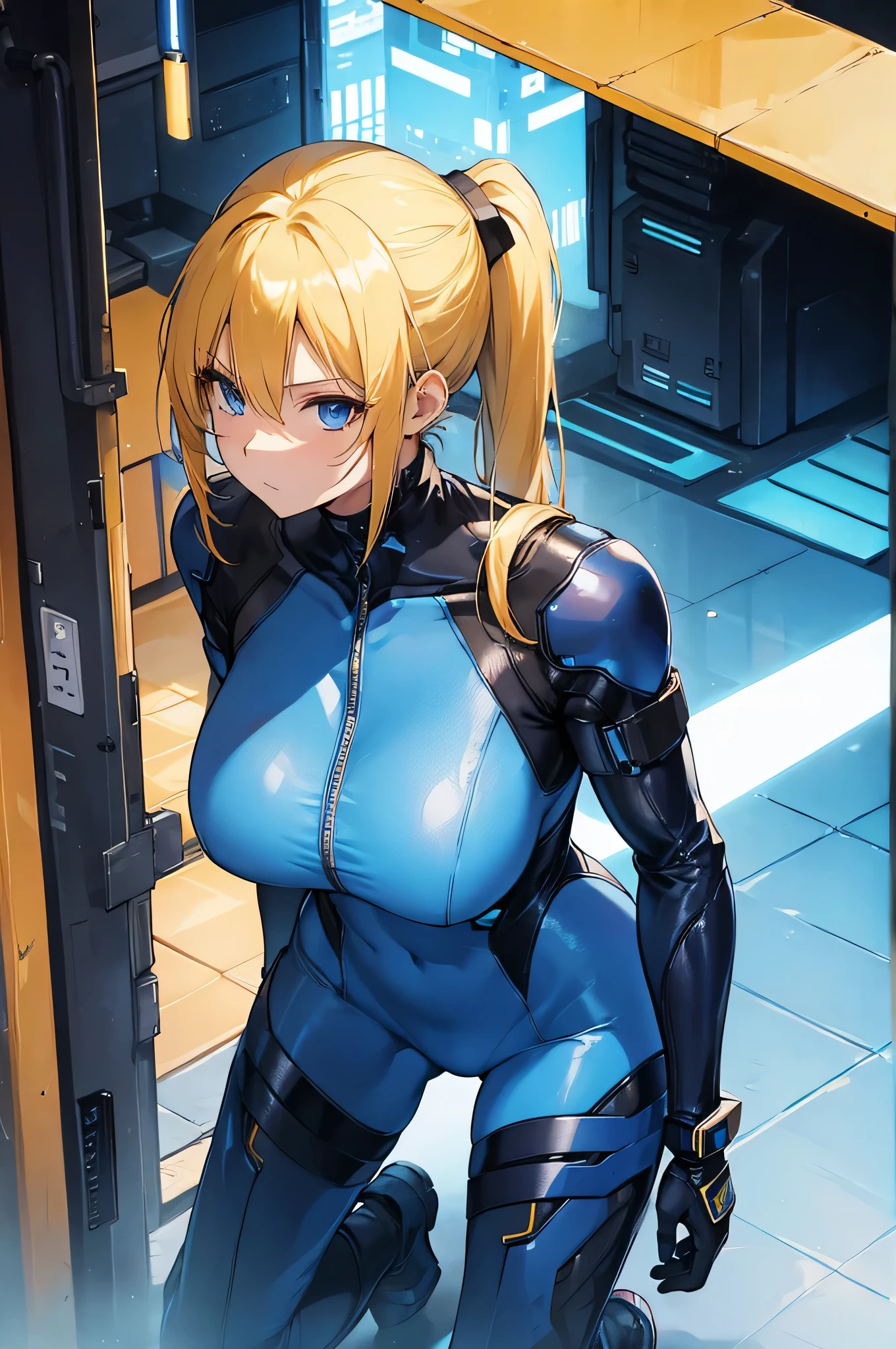 blonde long hair, (huge breasts:1.2,) upper body, from below, (blue bodysuit, zero suit, zero suit samus, ponytail)
jewelry, hands on chest,see-through, looking at viewer, hair ornament, choker, shy,
(masterpiece, top quality, best quality, official art, beautiful and aesthetic:1.2), (1 girl), extreme detailed, colorful, highest detailed,
Bedroom, Wall, Hard Lighting, Leaning