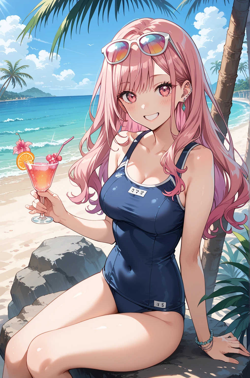 A cute girl,Pink Hair,Wearing a polka dot swimsuit,Large Breasts,at the seaside,Next to it is the Summer Ice Drink Shop,Several coconut trees and beach chairs on the beach,Blue sky and white clouds,cold drink,Colorful style
