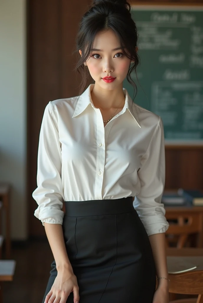 top Quority，Ultra-clear resolution,  Korean Teen 18 years old. seductive, Charming, voluptuous figure, Thin, slender. skinny, Chest reduction, Clear eyes, innocent face, is a perfect face, gentle smile, White skin, Perfect chest, Long legs(( Wearing glasses. Teacher clothes. Button-up shirt. Long sleeve. With black Jaz.Black skirt)) The uniform is completely off. Seductive pose. In the classroom. In front of the board. 