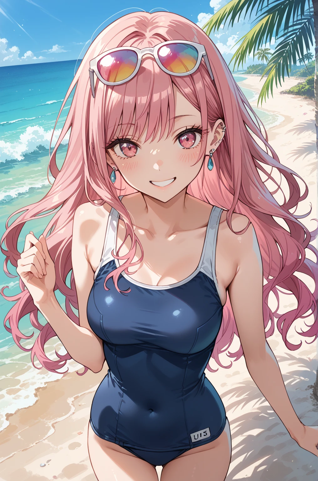 (8K, top-quality, masterpiece:1.2), (reallistic, Photorealsitic:1.37), Super Detail, One girl,), (Highly detailed), (beautifully detailed eyes), (of the highest quality), (super detailed ), (masterpiece), (Detailed face),20yr old, ,1 girl, ((pink hair,long hair)), medium breasts, clothed, Perfect Lighting, BREAK, (elegant navy blue:1.3), (glossy school swimsuit:1.5), (white piping:1.4), (sophisticated design:1.3), (square neckline:1.2), (small delicate ribbon:1.2), (high-cut legs:1.3), (seamless fit:1.2), (frilly details:1.1), (gold accessories:1.1), (subtle pearl earrings:1.1), (ankle strap heels:1.1), BREAK, (sexy breasts pose:1.3), (pink hair:1.2), (long hair:1.2), (smile:1.3), (upper body to thighs:1.3), (beach background:1.4), (blue sea and sky:1.2), (bright lighting:1.2), (steam:1.3), (wet:1.3), (NSFW:1.5), (Masturbation:1.3), (fellatio:1.5), (tongue licking:1.3)