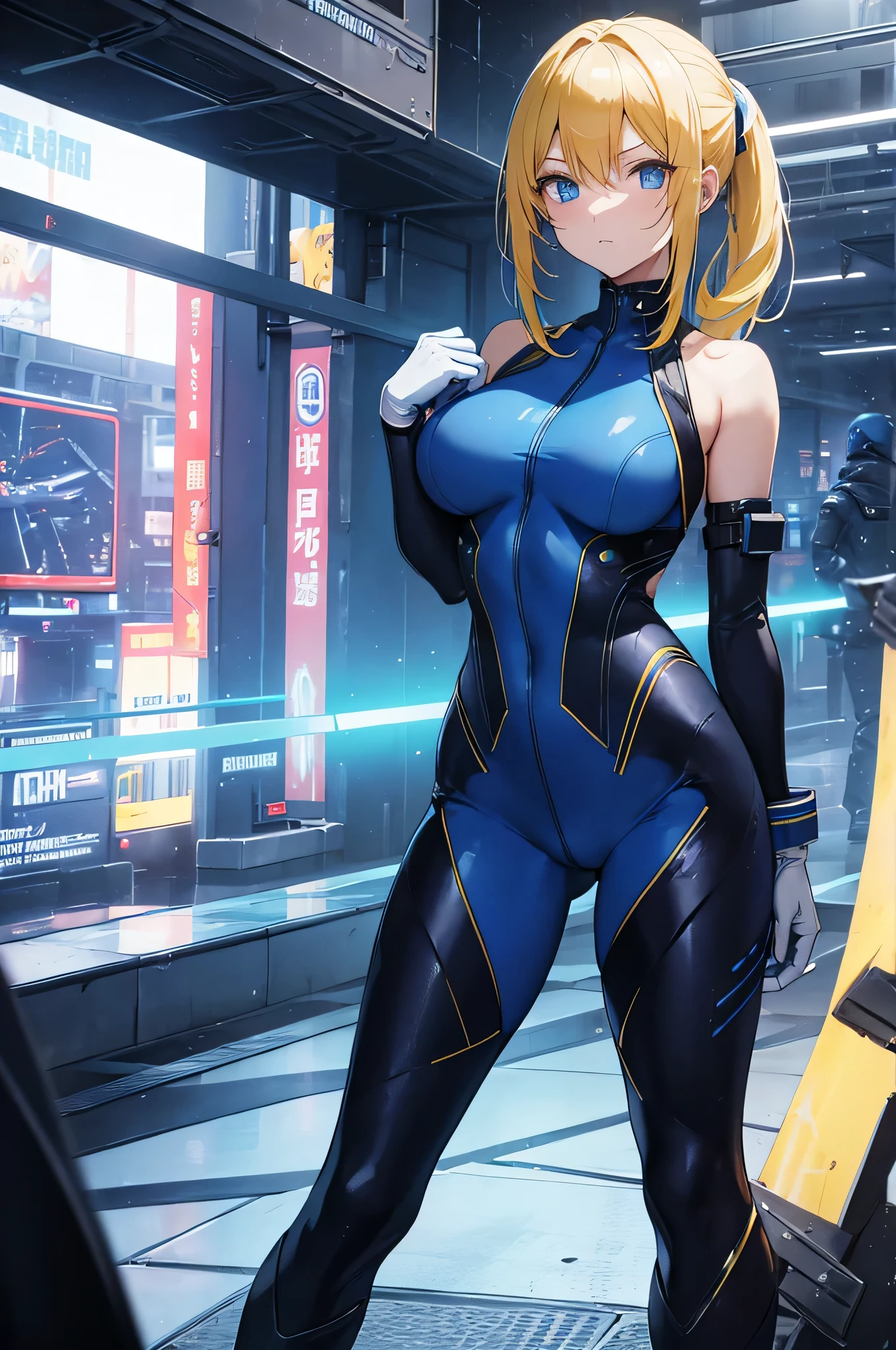 (((masterpiece))), (((best quality))), ((ultra-detailed)), (illustration), ((an extremely delicate and beautiful)), ((super detail)), ((high resolution)), (((20 years old))), ((metallic cloth)), (cheerleader), (super heroine), (android), delicate metal decorations, gleaming skin, shiny body, two legs, breast focus, (((tall))), slender legs, ((big round eyes)), cute eyes, drooping eyes, ((adult)), two hands, five fingers, no extra hands, elegant smile, braid, ((metallic blue)), (see-through), (dark blonde), (((ultra-huge breasts))), (shining brightly), outdoor, mini skirt, daytime, ((biopunk)), (hair shorter than shoulder), (medium length hair), gynoid, (latex competition swimsuit), city, ((midriff-baring outfit)),
