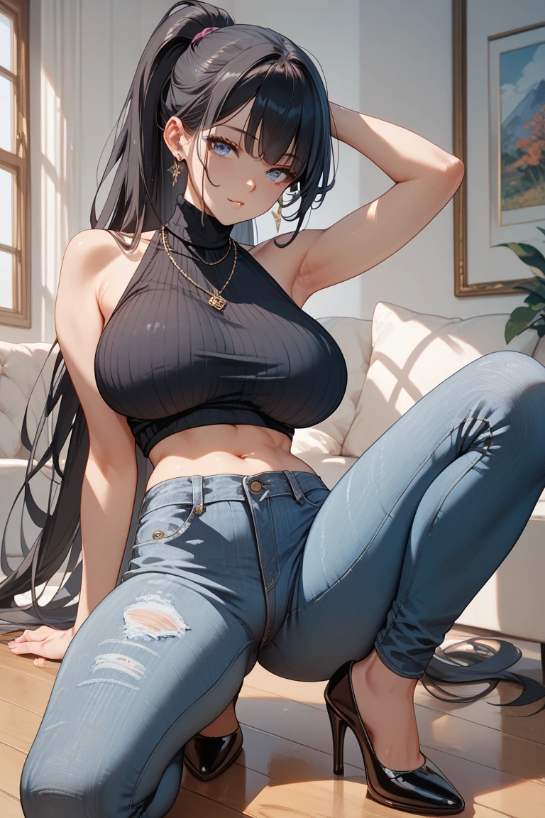 realistic image, coherent image, detailed image, 1 beautiful elf, She has black hair, long, silky hair, devil horns, turquoise eyes, she has earrings. Her face is oval and delicate, smiling. She is wearing a long-sleeved sweater, showing her navel, and ripped shorts. She has a curvy body, big breasts, thick thighs, volumetric lighting, natural lighting,