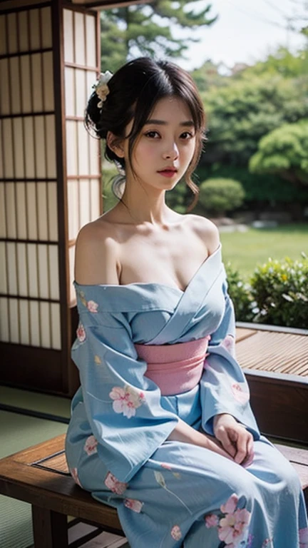 top-quality、8k picture、1 Japan Female、Turning Beauty、Beauty in return、Wearing a yukata with a floral pattern、耳Nipple Ring、slenderbody、tiny chest、Shorthair、In the background of the gondola、fully body photo