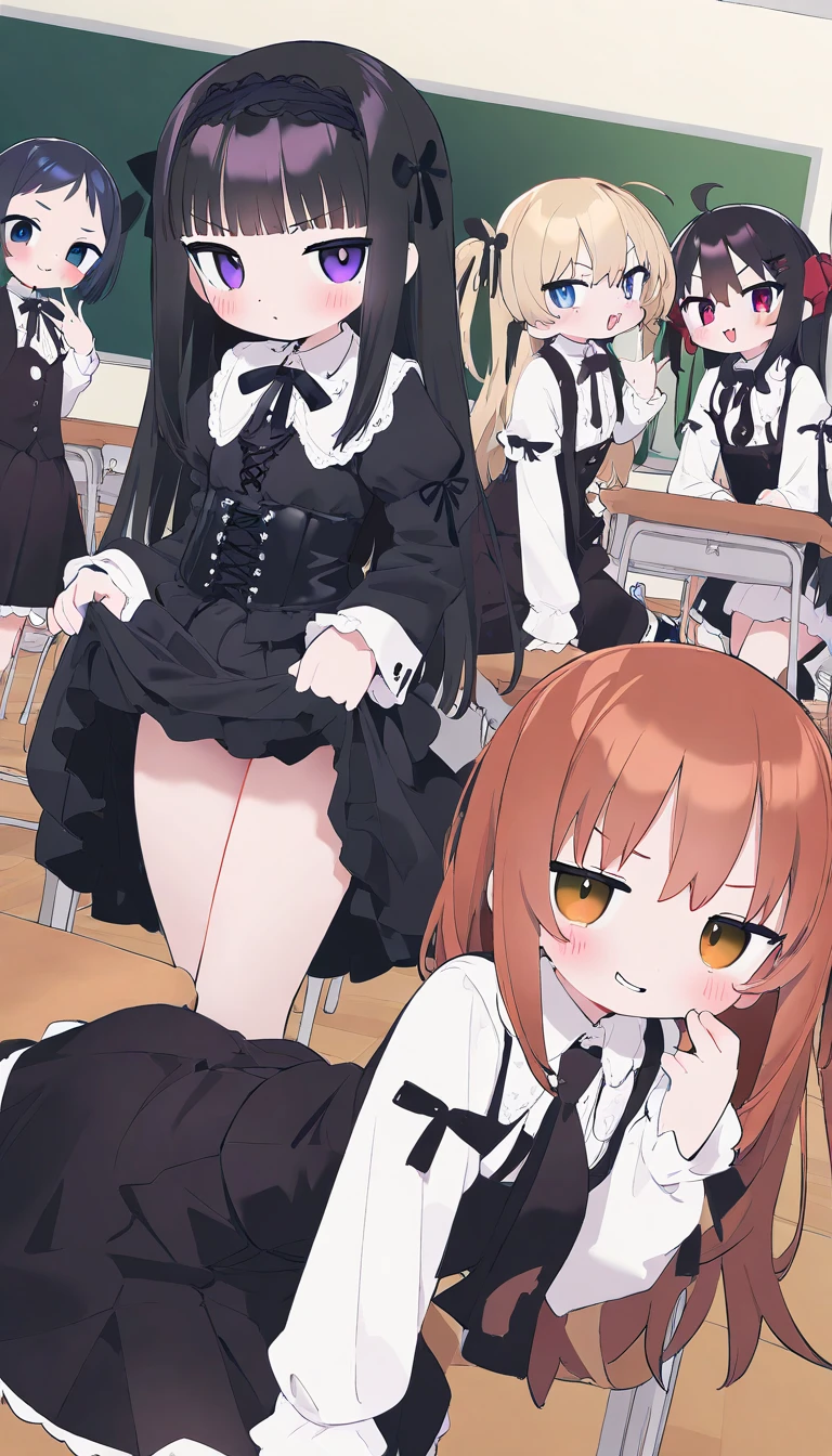 (8K,best quality,master piece:1.2),super high resolution,colorful pop anime,3girls,group picture,ultra-detailed face,detailed brown round eyes,sparkling pupil,,park,naughty face, sit on bench,(skirt lift,show white panties),from below,