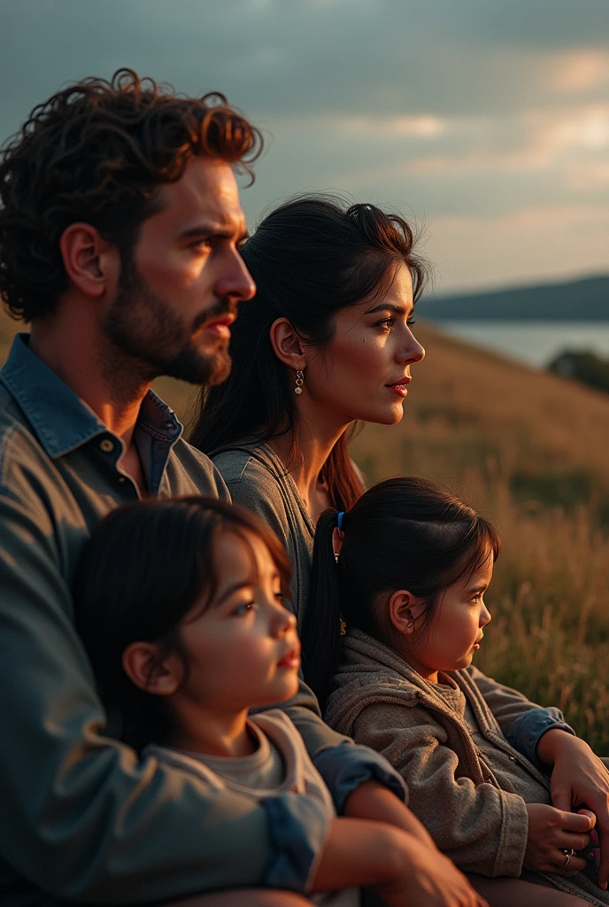 A photo of a thin, beautiful young mother with a Peruvian smile next to her young Peruvian husband, both wearing simple and light local clothes, and next to her three children, a seven-year-old boy, a five-year-old girl, and a one-year-old baby in the woman's arms. In a vast land of the desert where their hut is located and light and meteors fall on them from the sky.