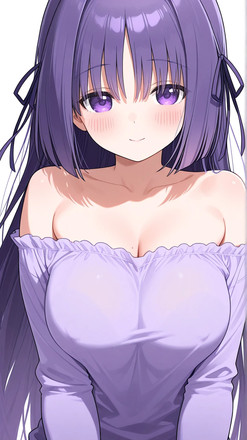 1girl, bangs, bare_shoulders, black_hair, blunt_bangs, blush, breasts, cleavage, collarbone, eyebrows_visible_through_hair, heart, large_breasts, long_hair, looking_at_viewer, mole, mole_on_breast, off-shoulder_shirt, off_shoulder, pink_shirt, ponytail, purple_eyes, shirt, sidelocks, simple_background, smile, solo, upper_body, white_background, <lora:Shota(L)CM:0.6>