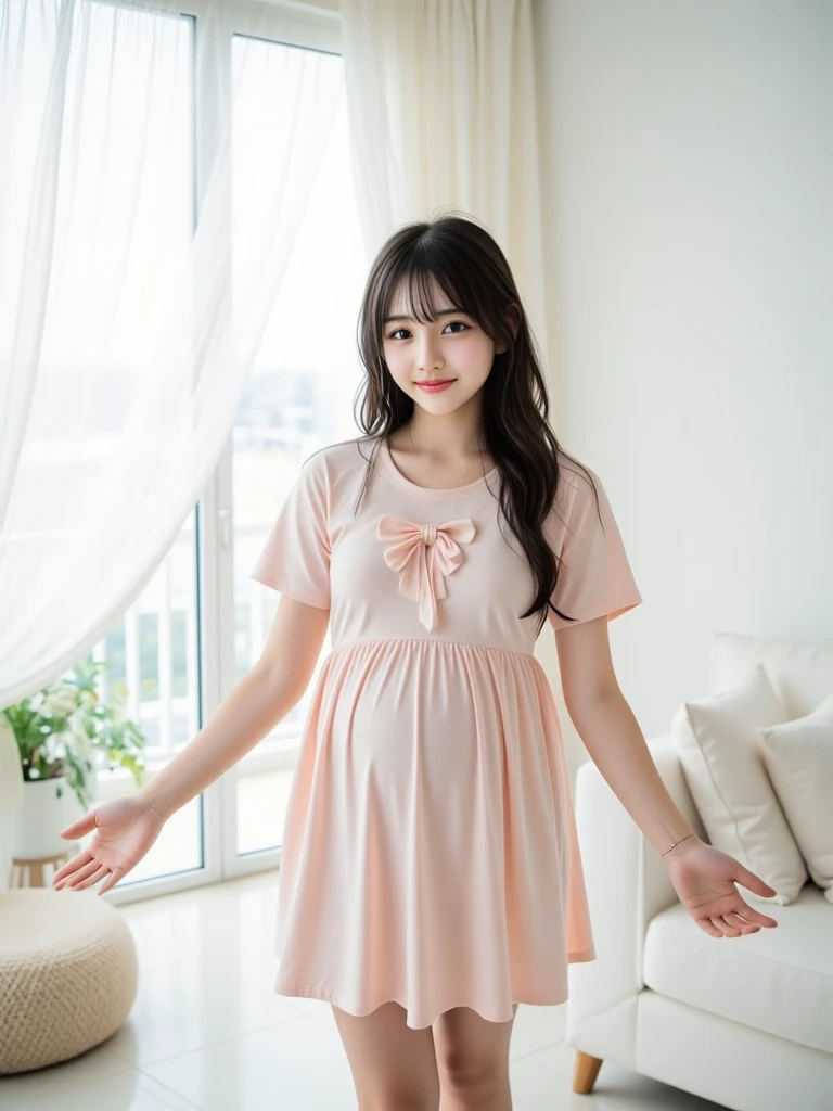 (highest quality、masterpiece、8K、best image quality、hyper realism、Award-winning work)、1 pregnant woman、(alone:1.1)、(1 photo:1.1)、(Feminine and girly cute light pink frilled lolita dress:1.2)、(Perfect straight twin tails:1.2)、(late pregnancy:1.1)、(low length:1.1)、(height: 140cm:1.1)、big breasts、emphasize body line、slender body、Standing Elegantly、(Akihabara cityscape blurred background:1.1)、(The background is the blurred city of Akihabara:1.1)、blurred background、Standing Elegantly女性の全身写真、accurate anatomy、perfect makeup、long eyelashes、glossy lips、Ultra high definition glossy skin、(Ultra-high definition bright and beautiful skin:1.1)、超高精細のglossy lips、Super high definition beautiful teeth