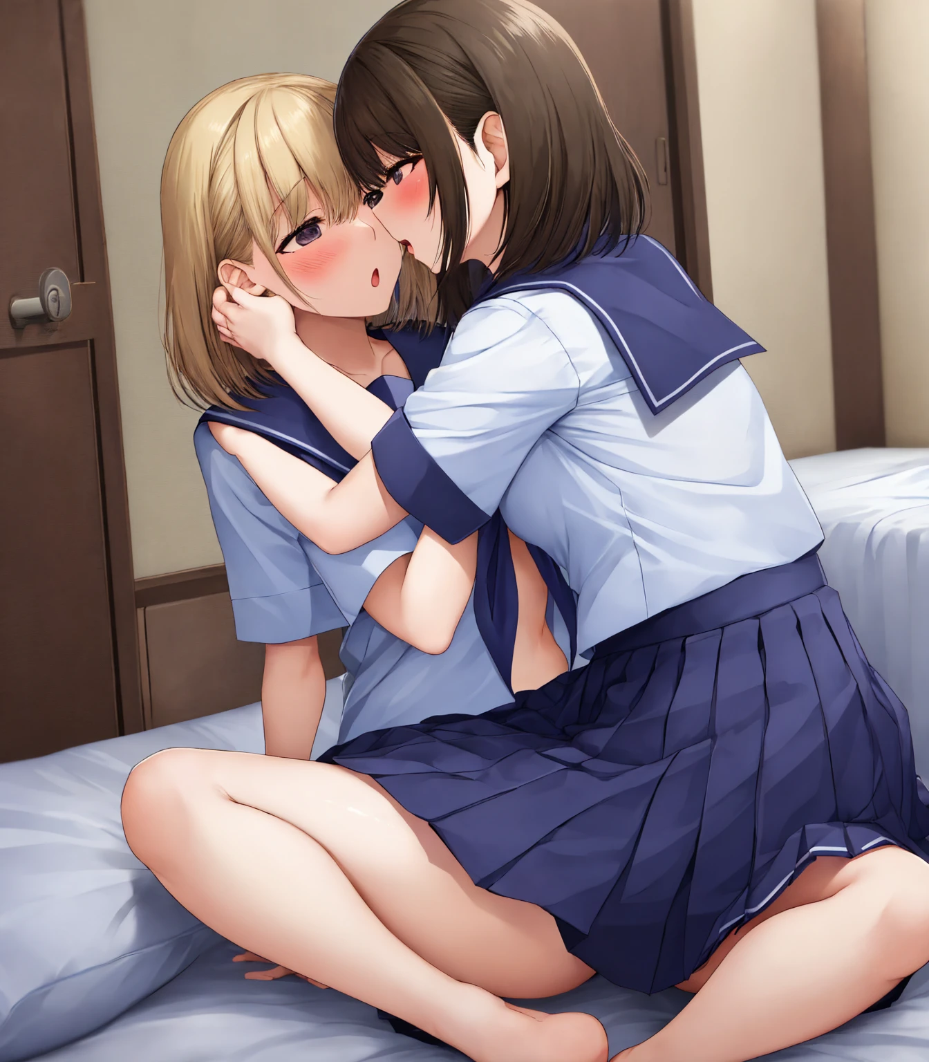 Brown haired sisters,Lesbian,In heat,They are hugging each other,uniform,Half naked,Squirting,Unbuttoned,Masturbating