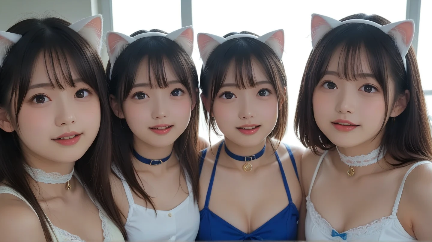 masterpiece, 4k, Bokeh, high school girls, (Multiple girls:1.6), (Group photo:1.5), (beautiful face:1.4), (Fox ears:1.2) , (Fox fur sweater:1.3), (fox color bikini :1.5), (fox tail:1.4) , (Japanese idol:1.6), Blushed face, looking at the viewer,
(White background :1.4),