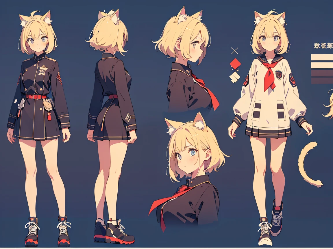 (masterpiece, best quality) detailed,  girl, a blank look, kawaii, cute, gamer clothes, various face expression, drawing reference, reference, lineart, sketch (character design sheet, same character, same clothes, full body, 3views, front, side, back), pixie cut, slightly messy blonde hair, cowlick, formal clothes, hair ornament, black choker, hoodie, headphone