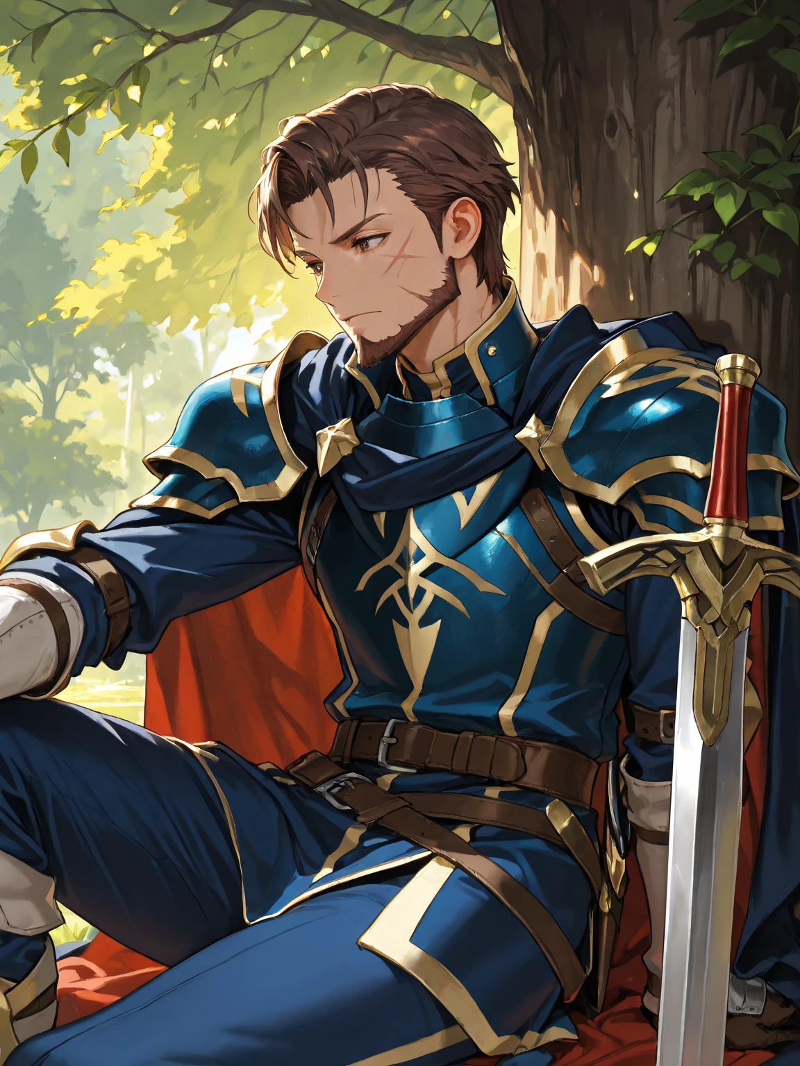 Hector Fey， 独奏， looks at the viewer， Teasing laughter， Open your mouth，droolng，perspire，Drenched，Get wet，mitts， 1 man， Male focus， Sit straddled（sitting in chair），Cloak， Armour， Shoulder armor， pov from below